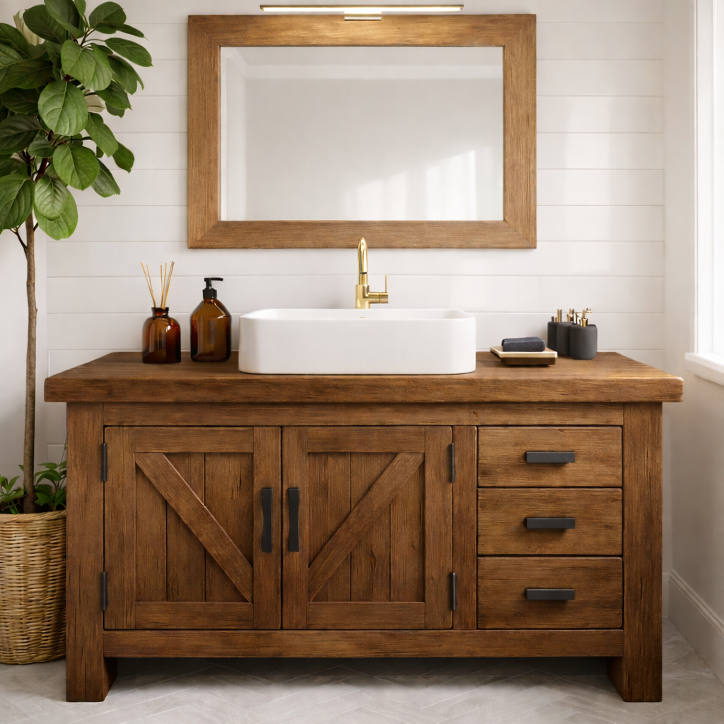 Rustic Farmhouse Solid Wood Bathroom Vanity with Double Barn Doors and Three Side Drawers