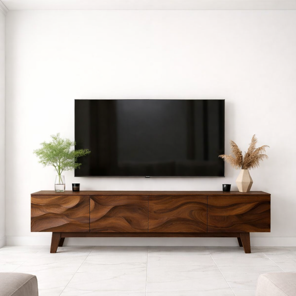 Wave Pattern Solid Wood TV Stand with Storage, Modern Media Console for Living Room