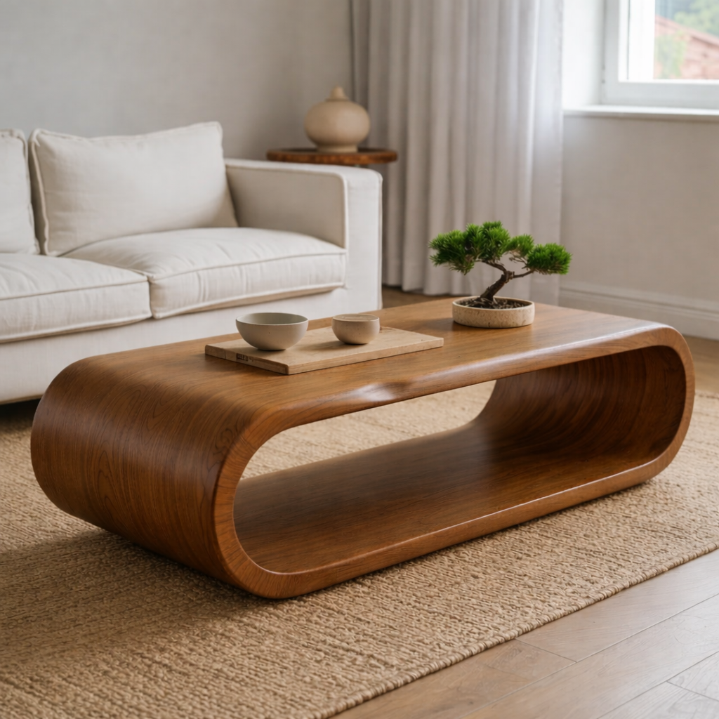 Sculptural Walnut Coffee Table with Curved Design and Open Shelf, Modern Living Room Decor