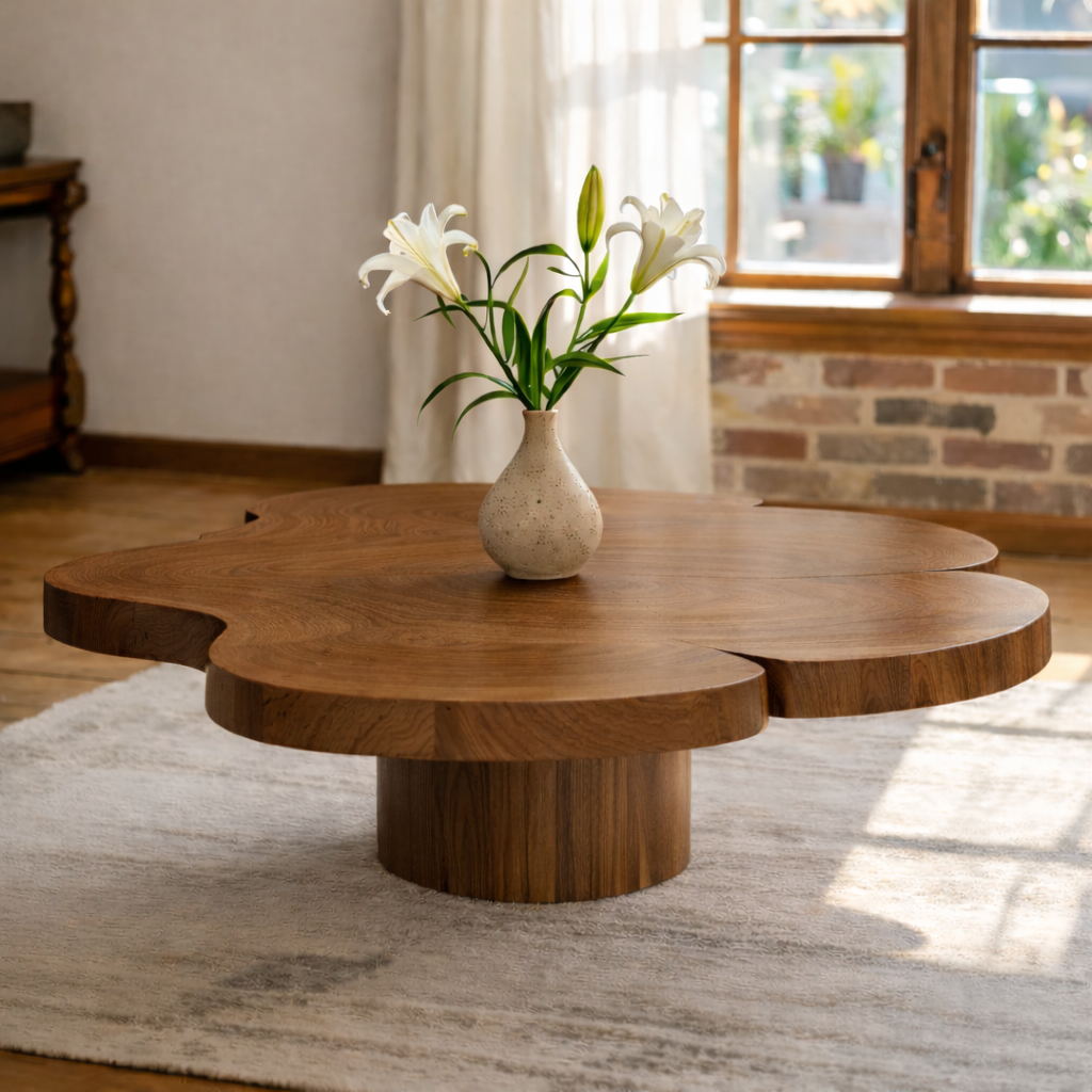 Organic Shaped Walnut Coffee Table with Pedestal Base, Modern Sculptural Design for Living Room