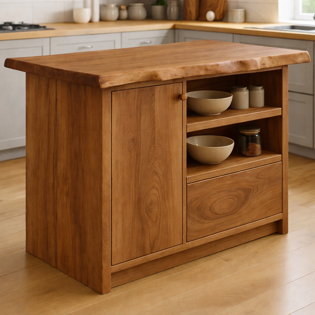 Solid Wood Kitchen Island with Cabinet and Open Shelves, Modern Oak Kitchen Prep Table