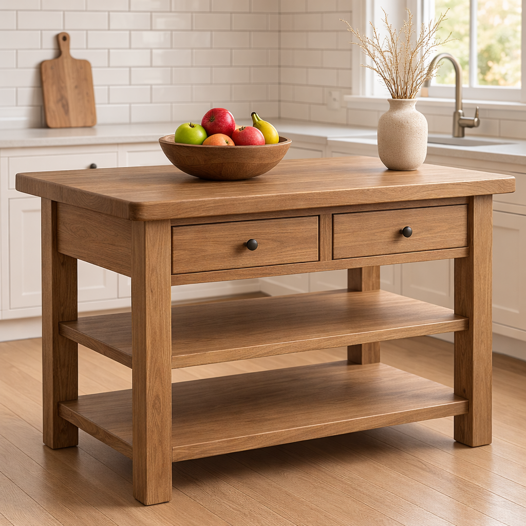Solid Walnut Kitchen Island Table with Drawers and Shelves, Wooden Kitchen Prep Station