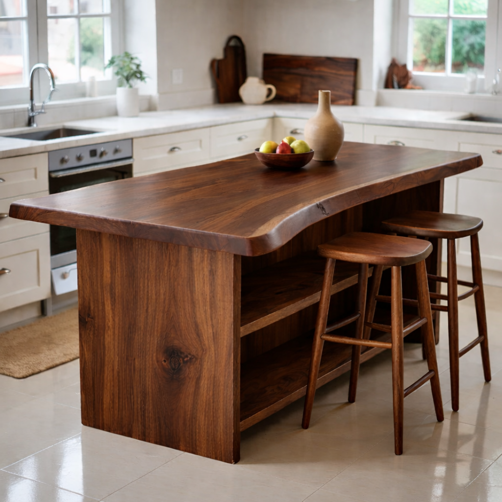 Live Edge Solid Wood Kitchen Island with Open Shelf Storage and Seating Bar Table