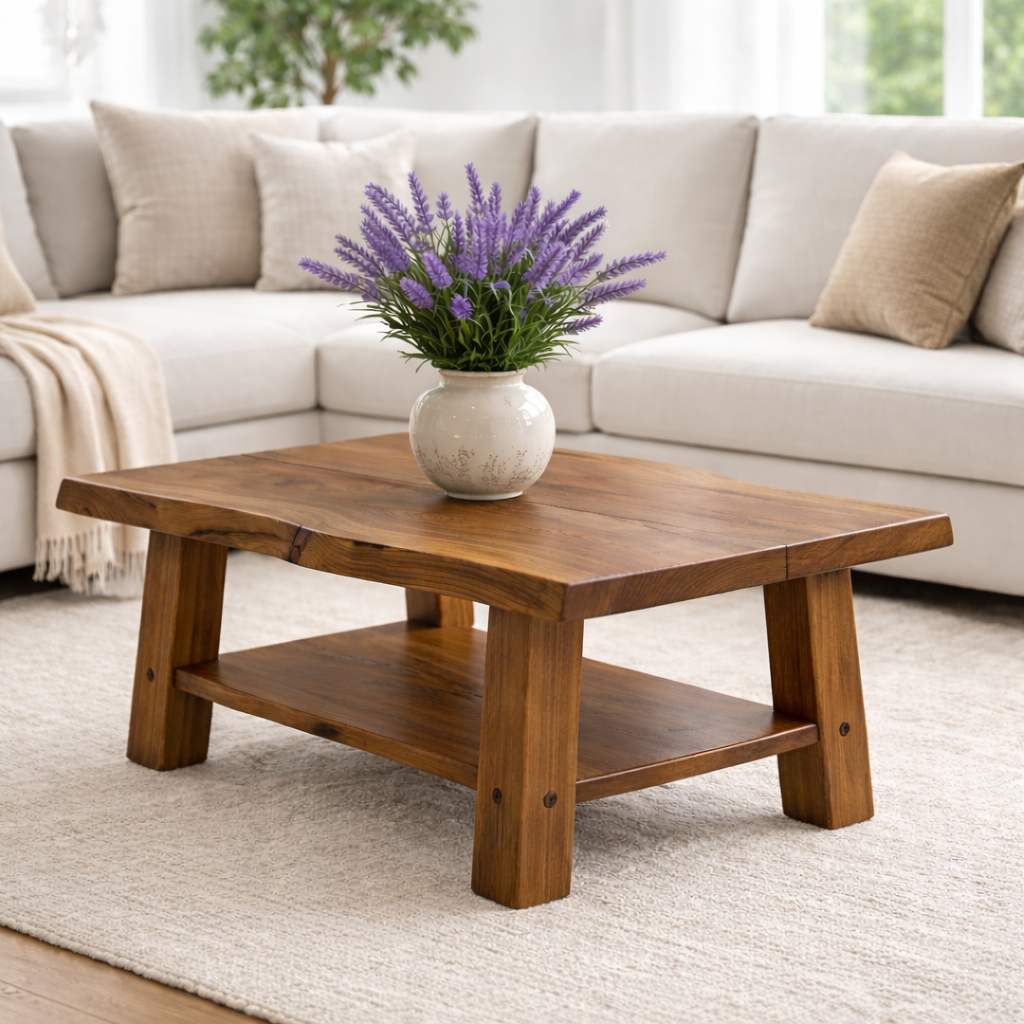 Solid Wood Coffee Table with Storage Shelf Rustic Wooden Living Room Table