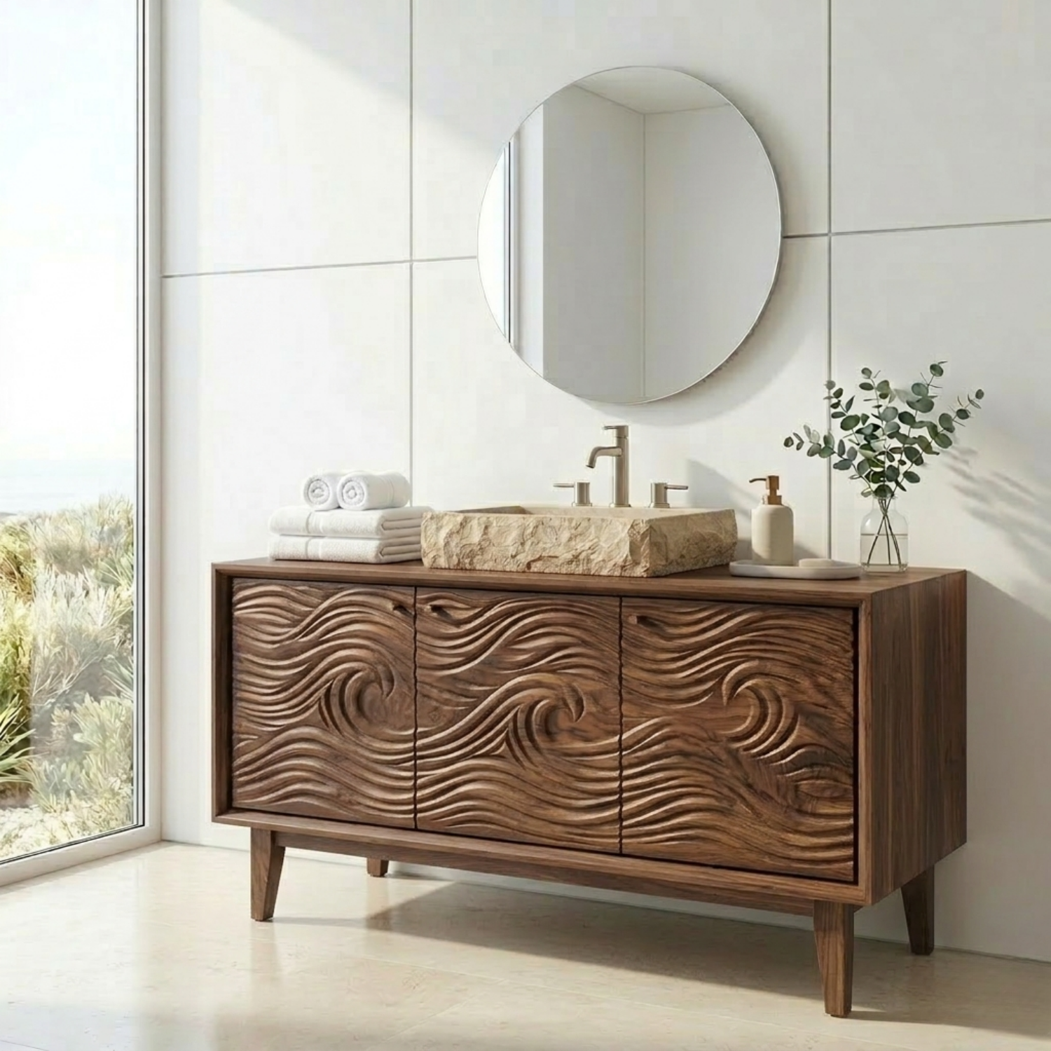 Handcrafted Wave Carved Solid Wood Bathroom Vanity - Modern Organic Credenza Cabinet