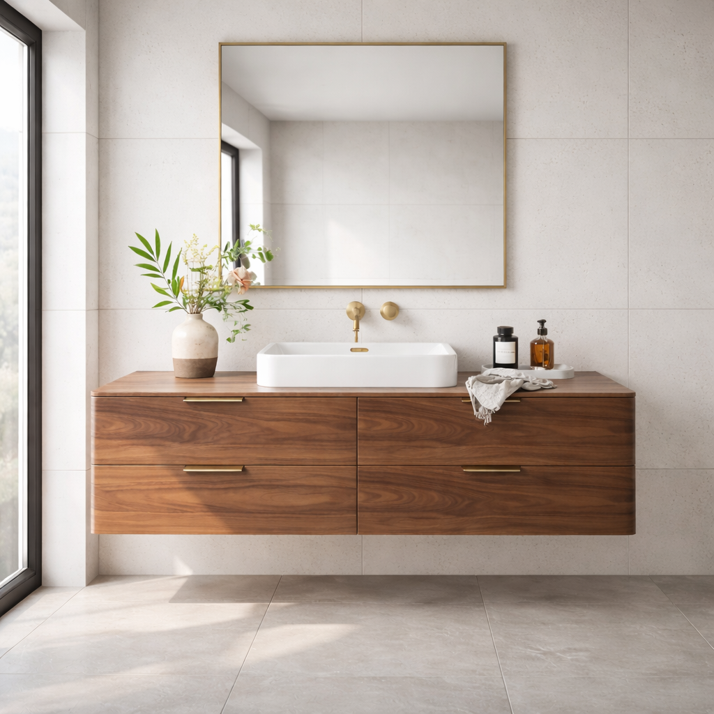 Modern Solid Wood Floating Bathroom Vanity with Four Storage Drawers