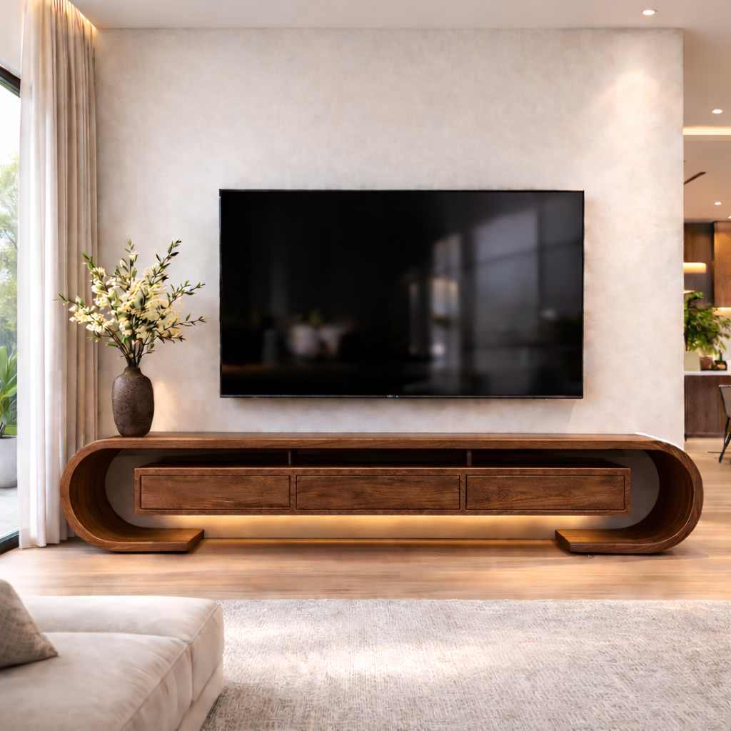 Modern Curved Solid Wood TV Stand – Walnut Floating Media Console with Drawers