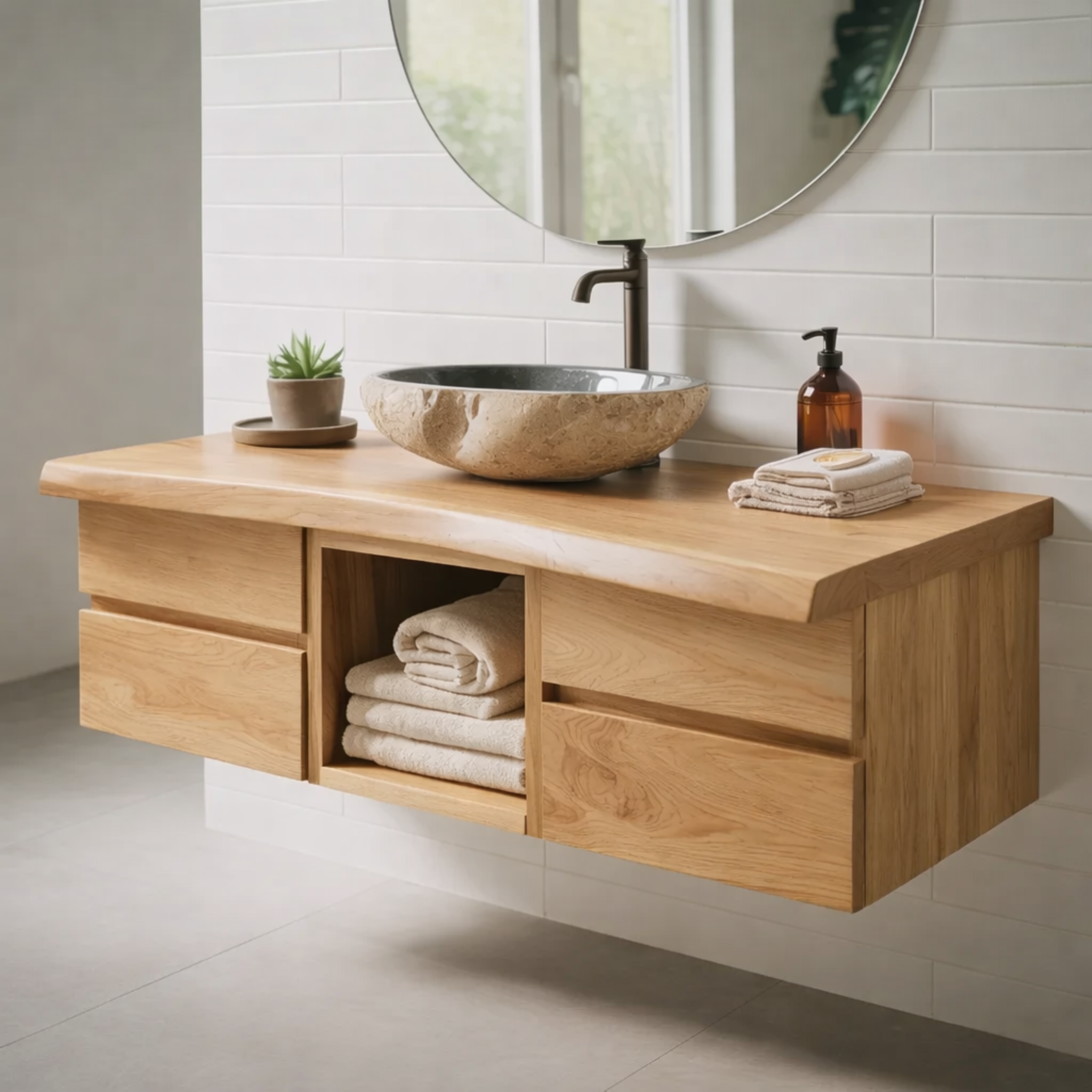 Floating Solid Wood Bathroom Vanity with Drawers and Open Shelf – Modern Minimalist Wall Mounted Cabinet