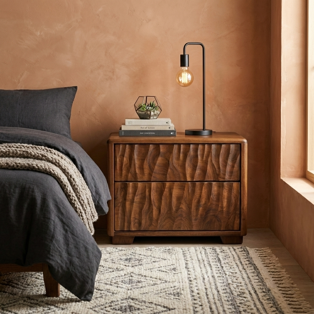 Solid Wood Nightstand with Textured Carved Drawers – Modern Rustic Bedside Table