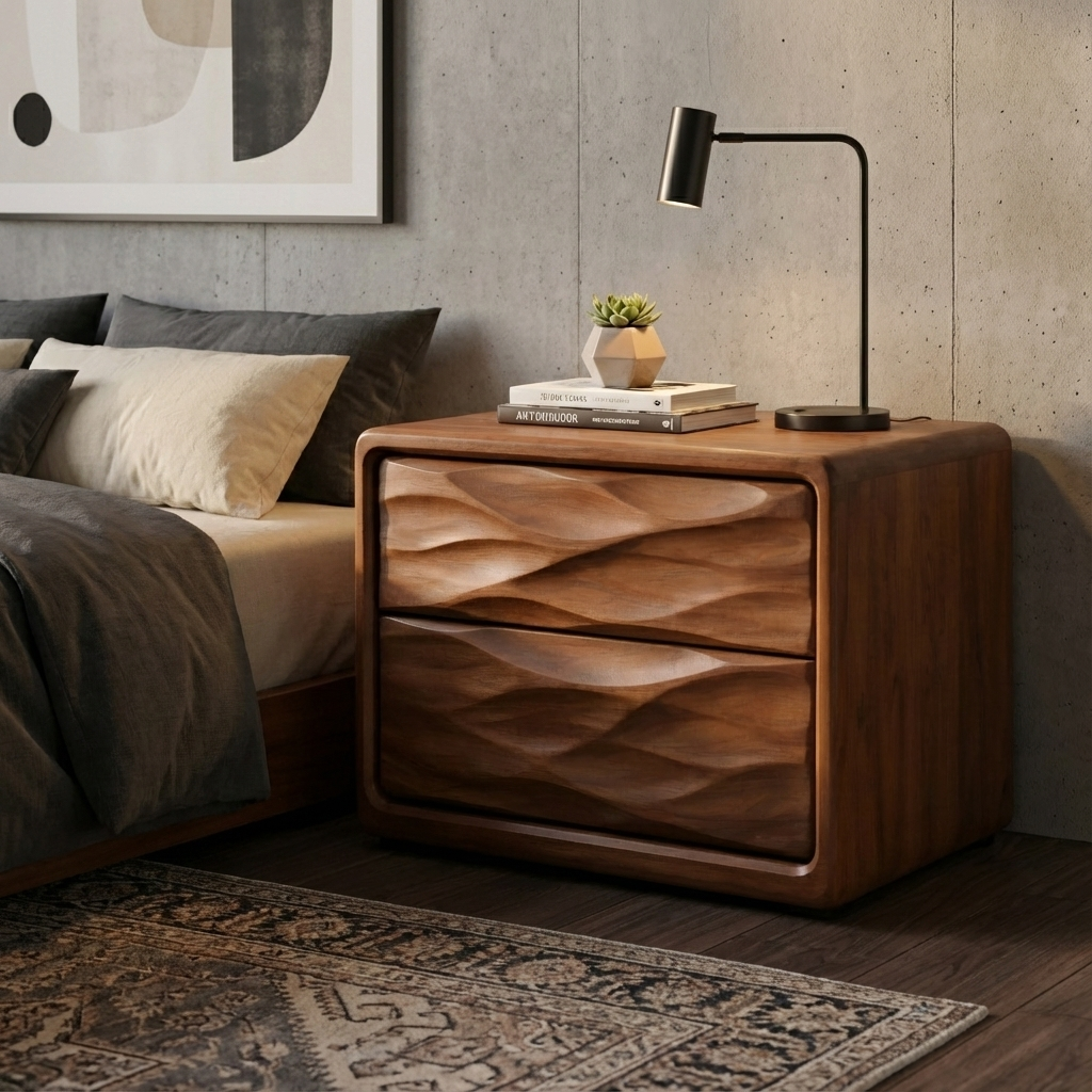 Solid Wood Nightstand with Wave Carved Drawers – Modern Walnut Bedside Table with Storage