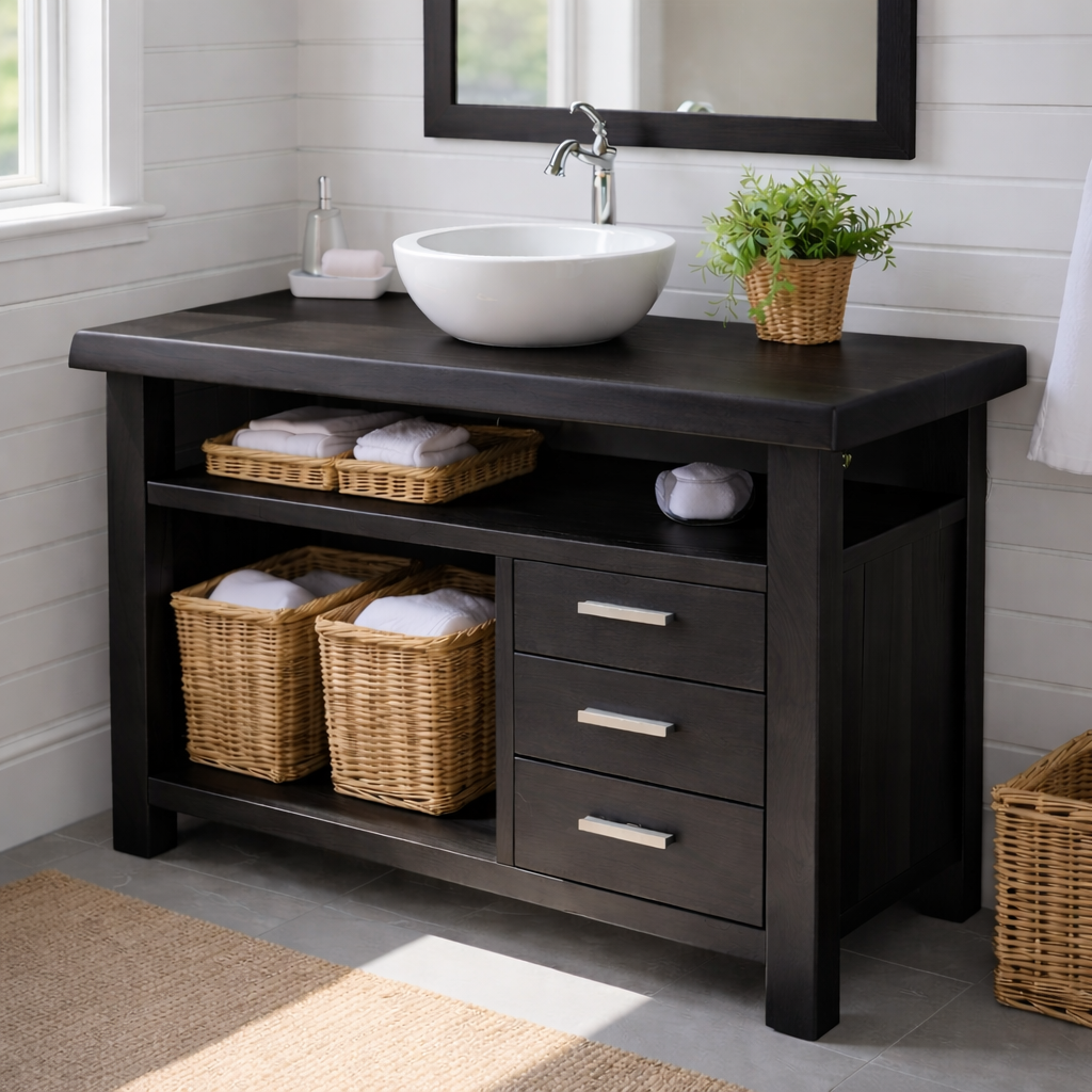 Handcraft Solid Wood Bathroom Vanity with Drawers and Open Shelf Storage