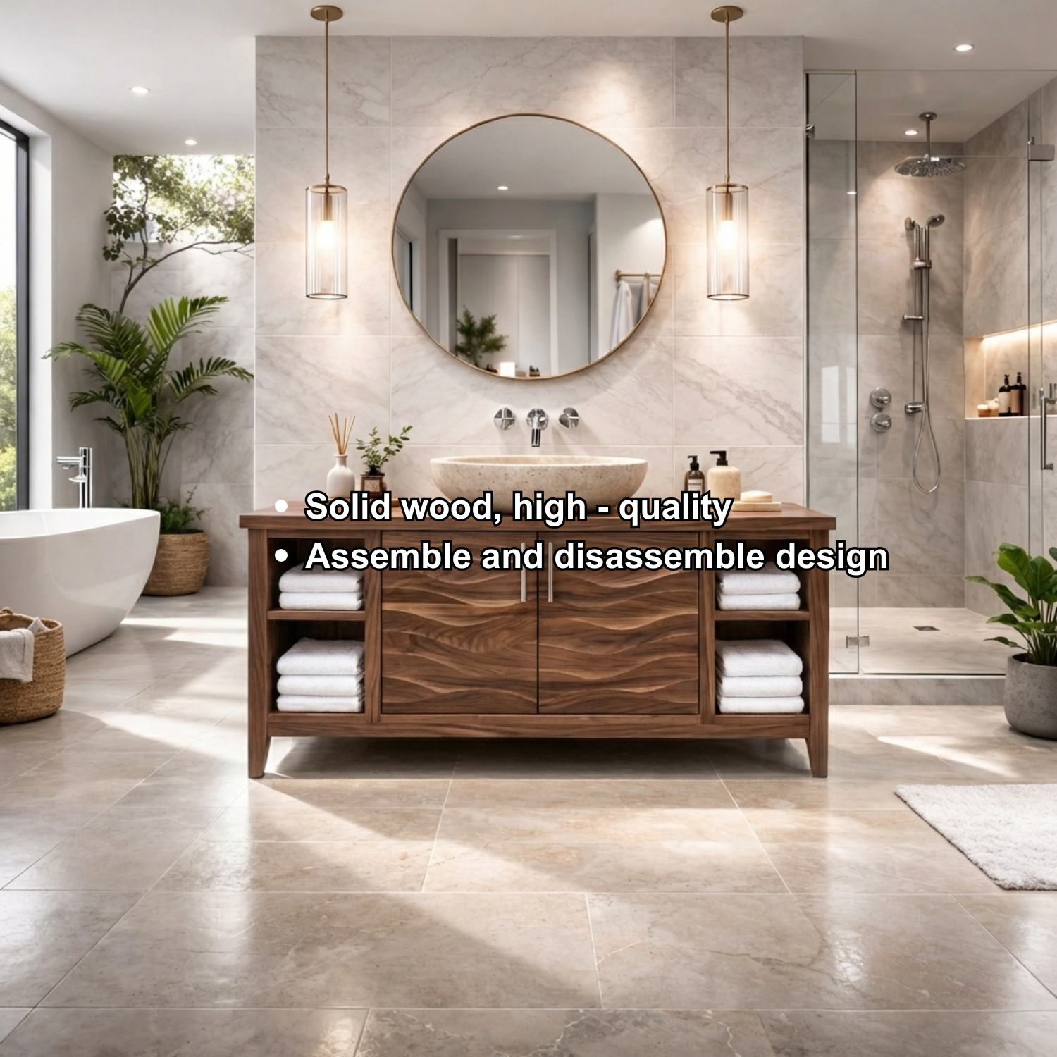 Freestanding Solid Wood Bathroom Vanity with Wave Front and Open Shelf Storage