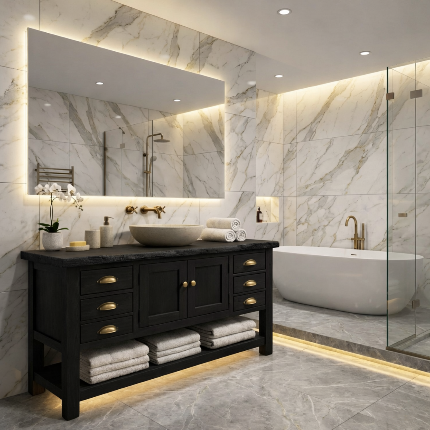 Solid Wood Bathroom Vanity with Drawers & Open Shelf Storage