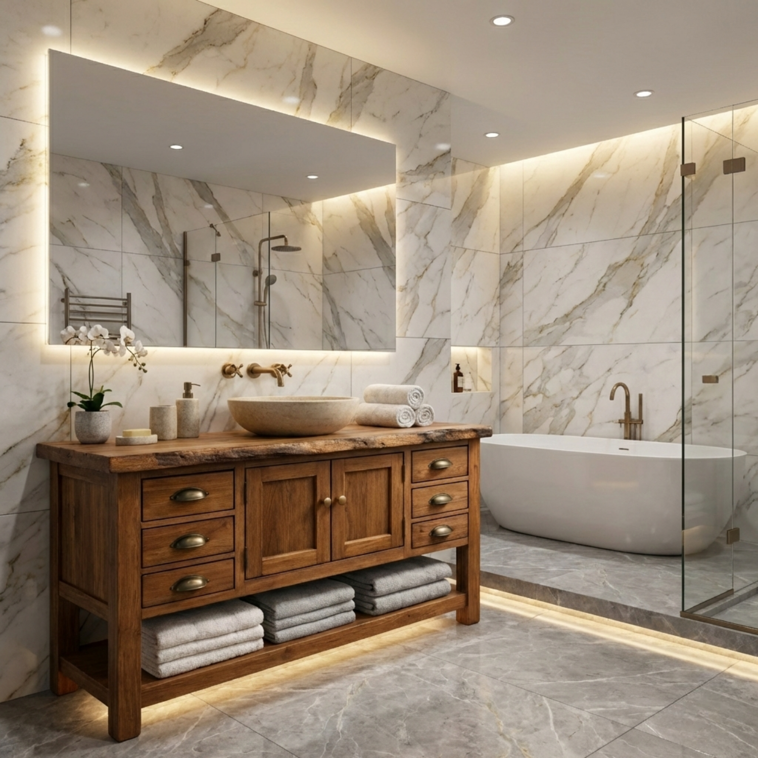 Solid Wood Bathroom Vanity with Drawers & Open Shelf Storage