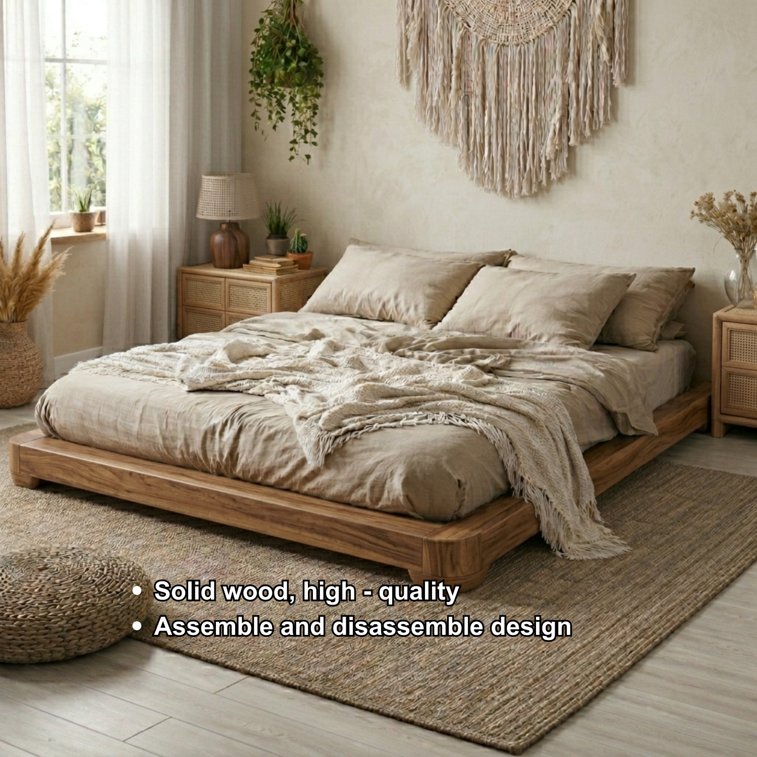 Low Profile Solid Wood Platform Bed Frame – Minimalist Japandi Style