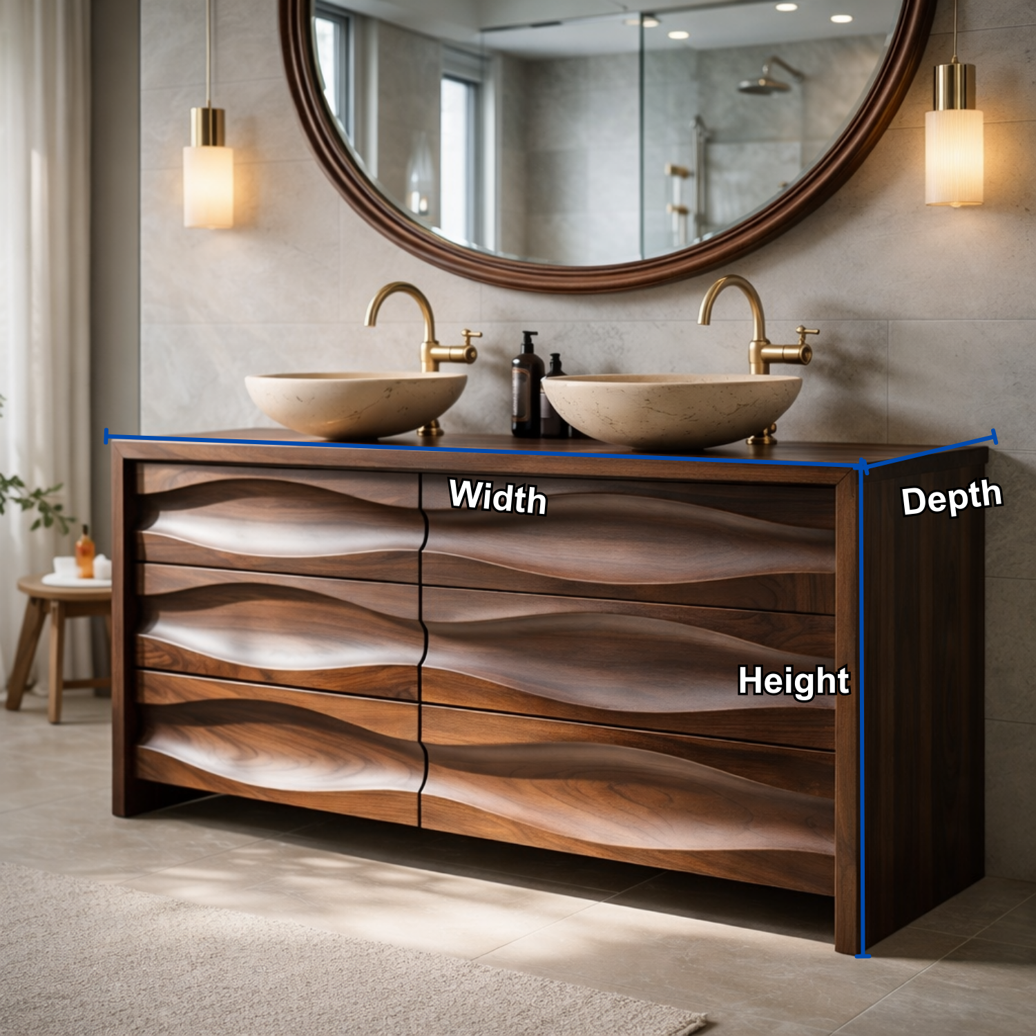 Solid Wood Double Sink Bathroom Vanity with Sculpted Wave Drawers