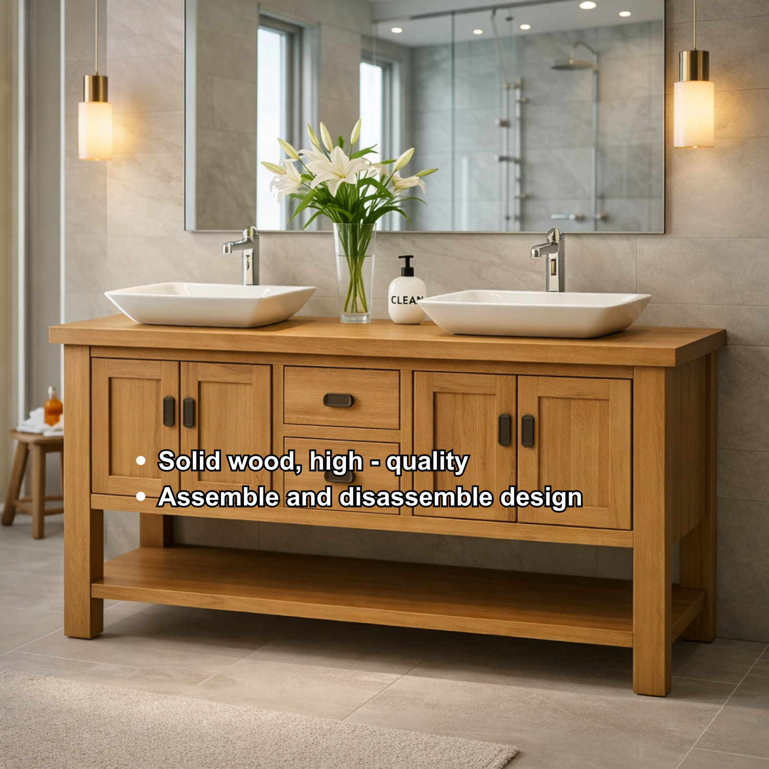 Solid Wood Double Sink Bathroom Vanity with Shaker Doors & Open Shelf