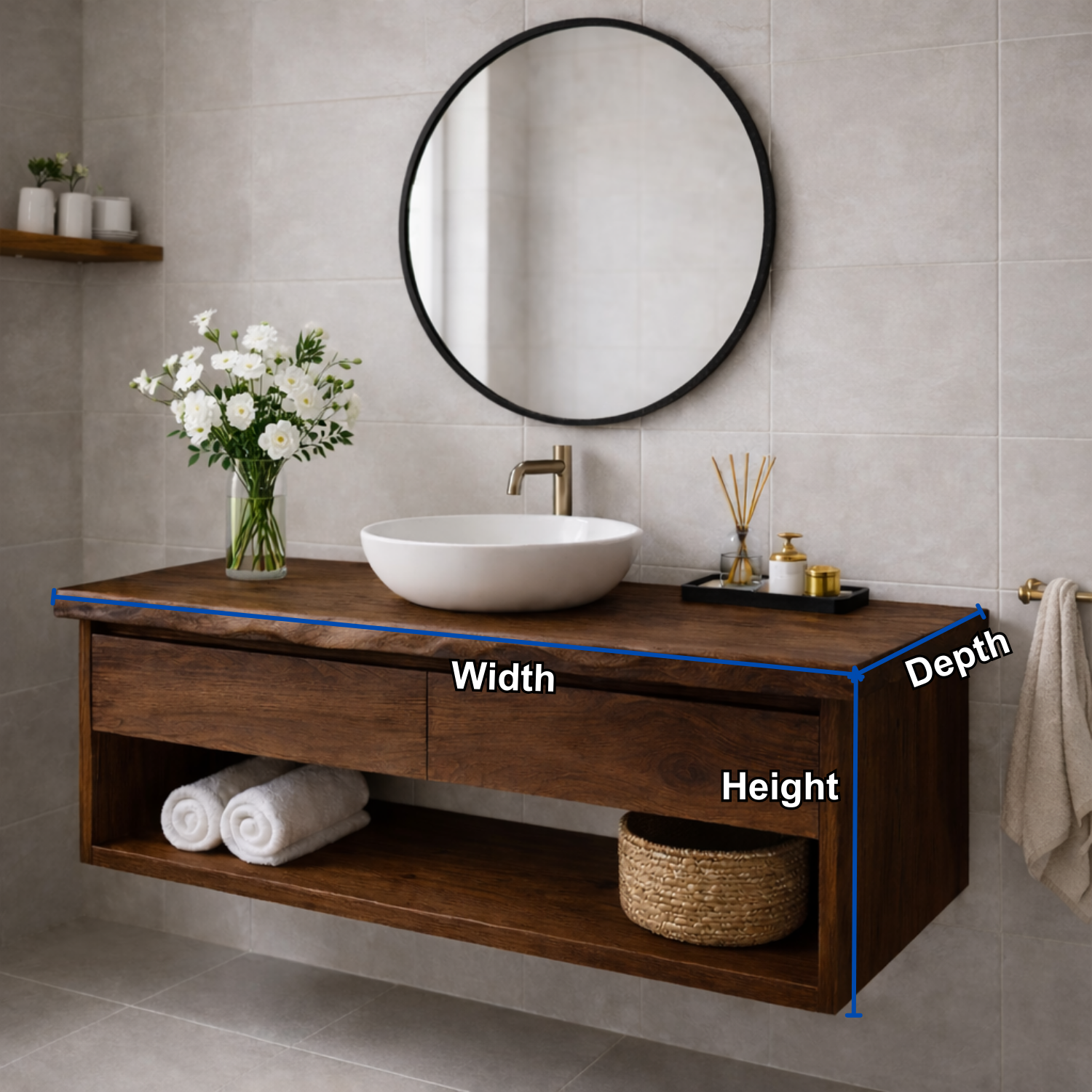 Floating Solid Wood Bathroom Vanity With Drawers – Wall Mounted