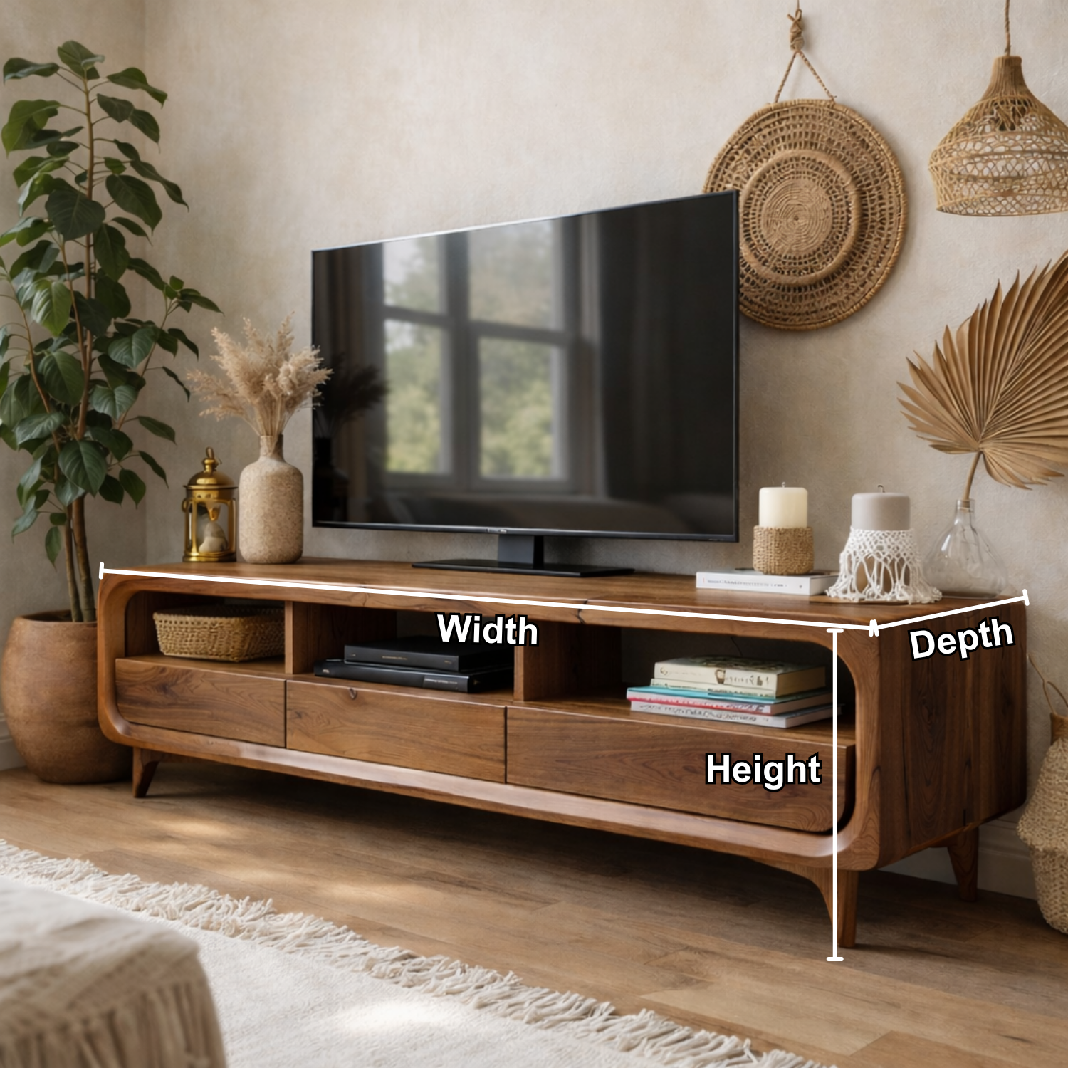 Solid Wood Mid-Century Modern TV Stand with Drawers & Open Shelves