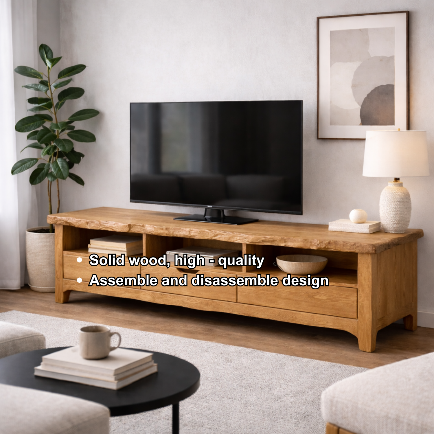 Solid Wood TV Stand with Drawers & Open Shelves – Rustic Low Profile Console