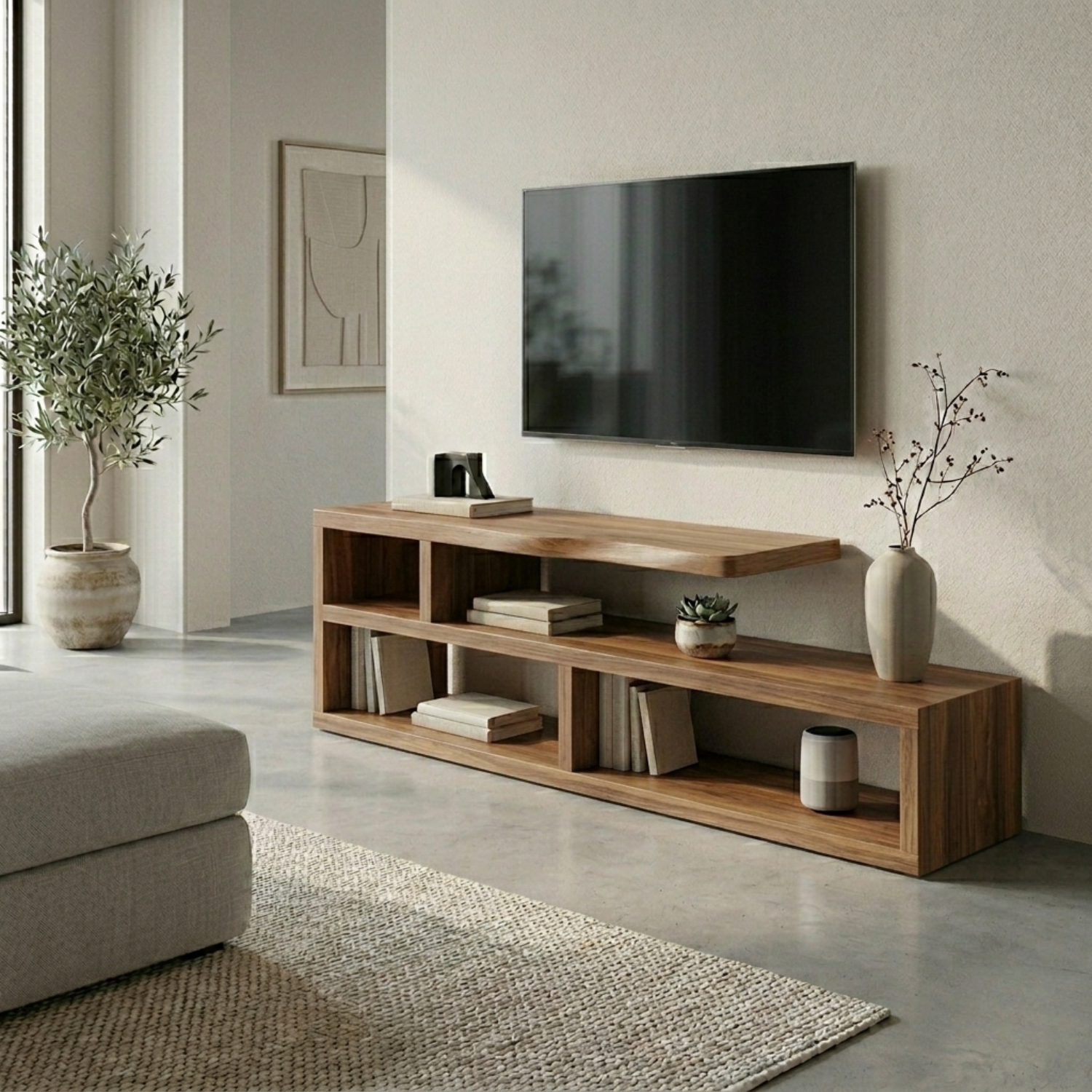 Minimalist Solid Wood TV Stand with Open Shelves – Modern Media Console