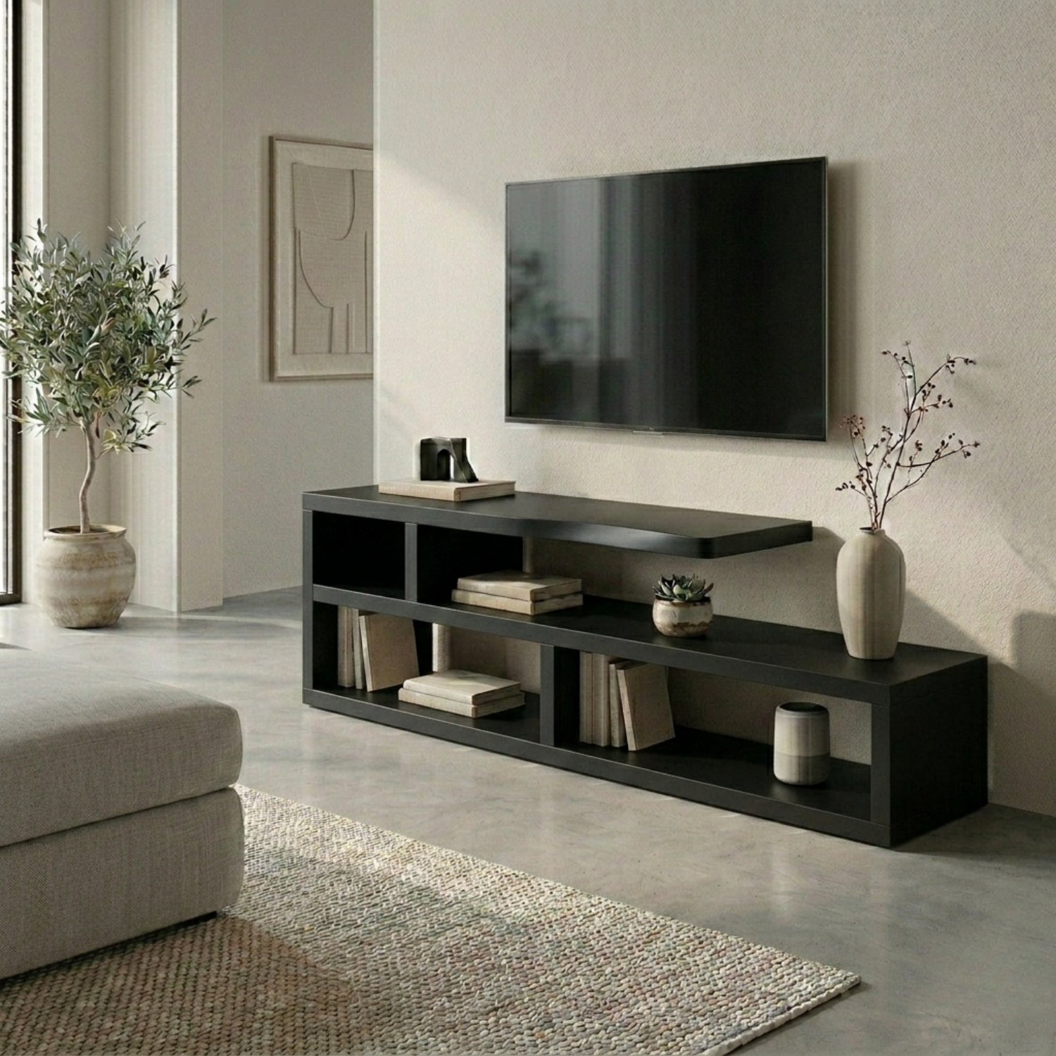 Minimalist Solid Wood TV Stand with Open Shelves – Modern Media Console