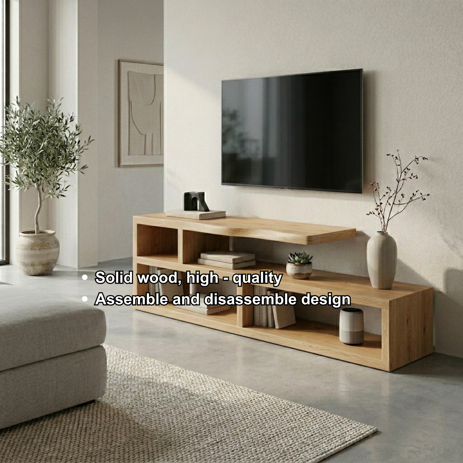 Minimalist Solid Wood TV Stand with Open Shelves – Modern Media Console