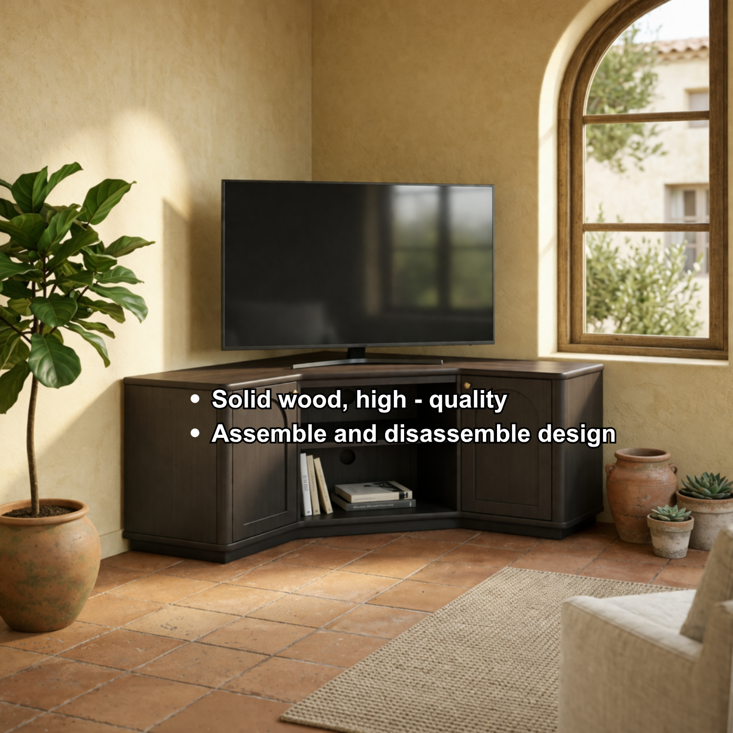 Solid Wood Corner TV Stand with Arched Cabinet Doors and Open Media Shelf