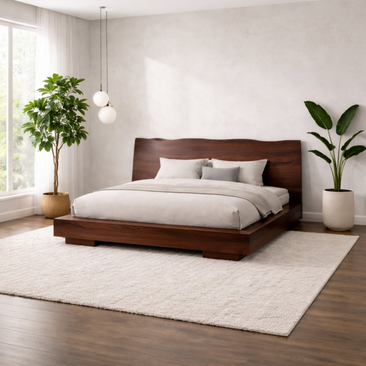 Modern Solid Wood Platform Bed Frame with Curved Headboard and Low Profile Base