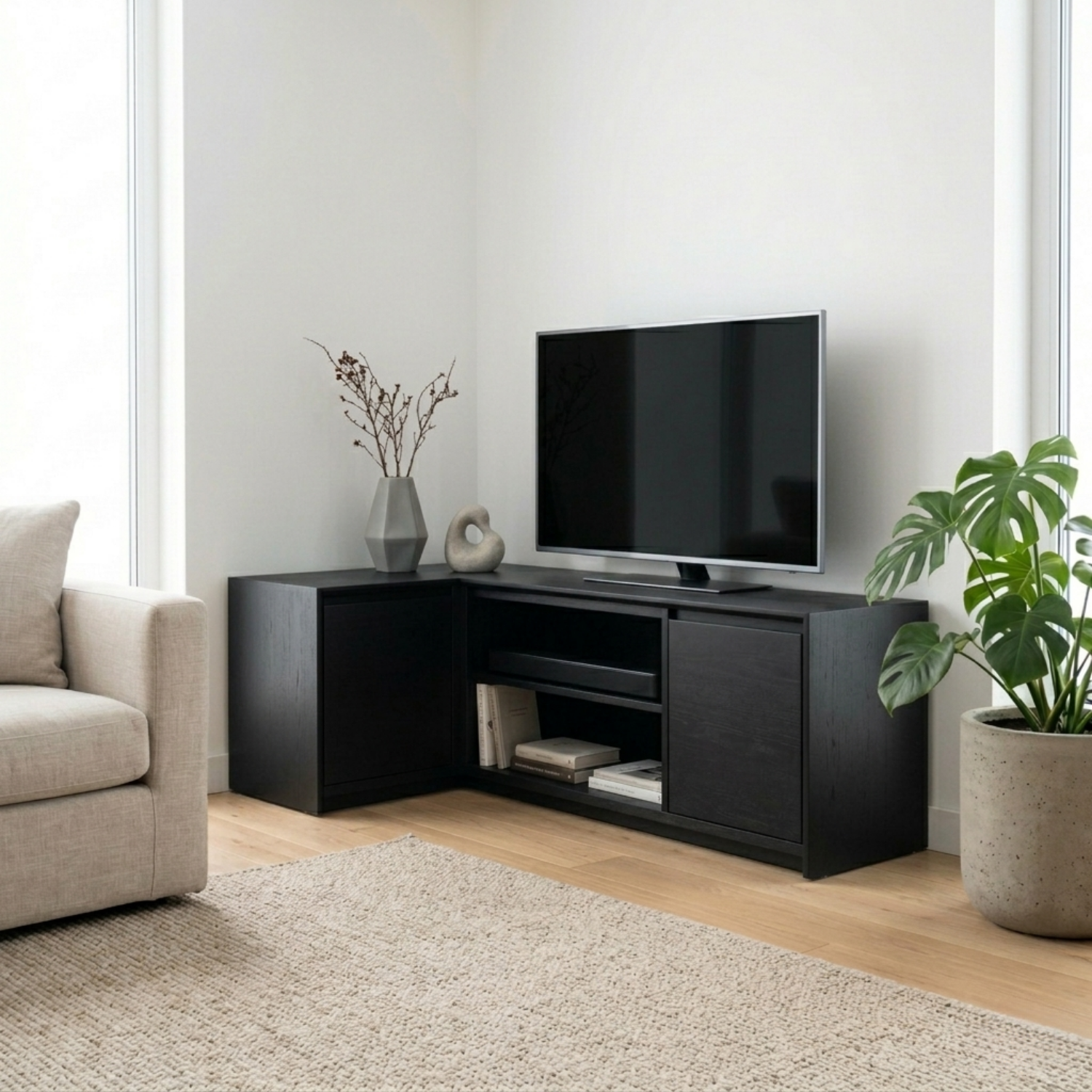 Solid Wood Corner TV Stand with Cabinet Storage and Open Media Shelves