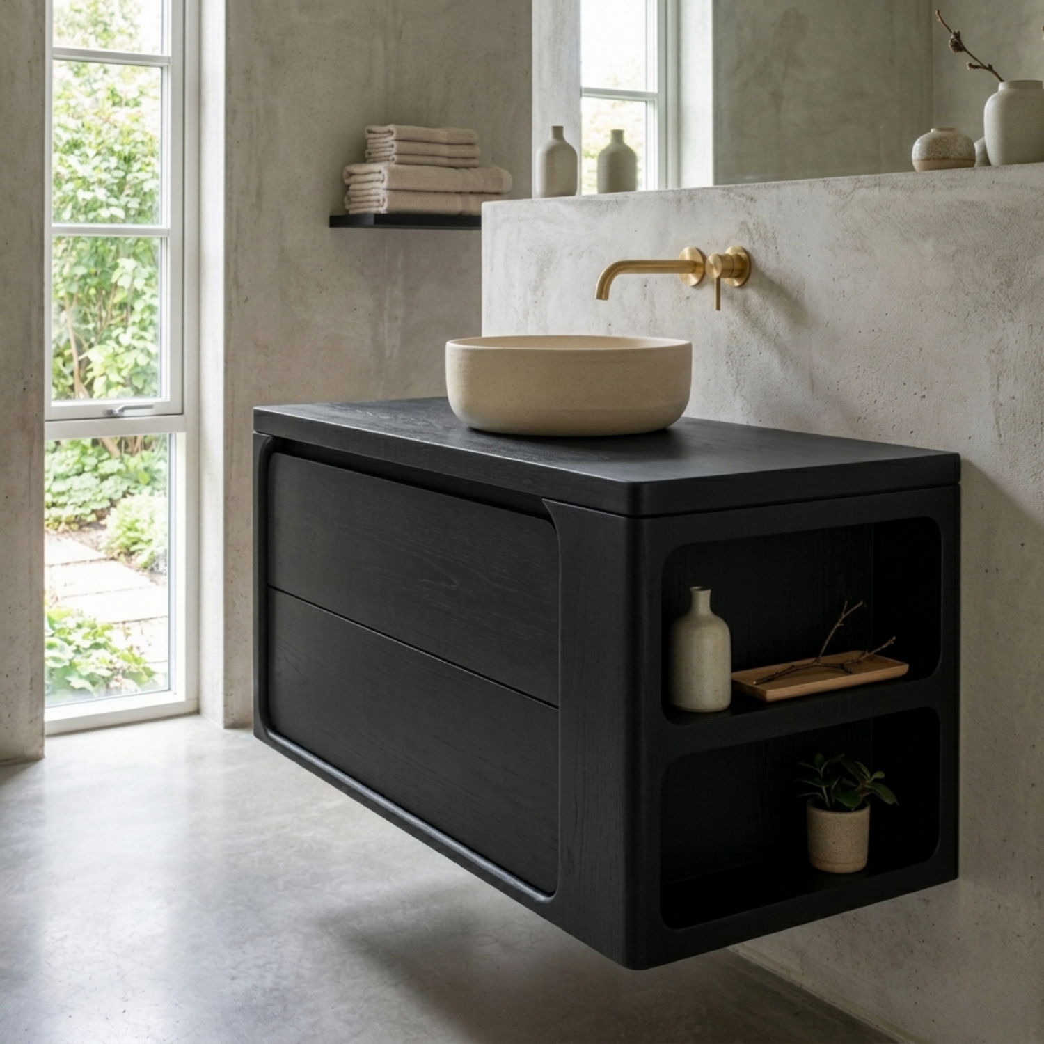 Floating Solid Wood Bathroom Vanity with Curved Frame and Integrated Side Shelves
