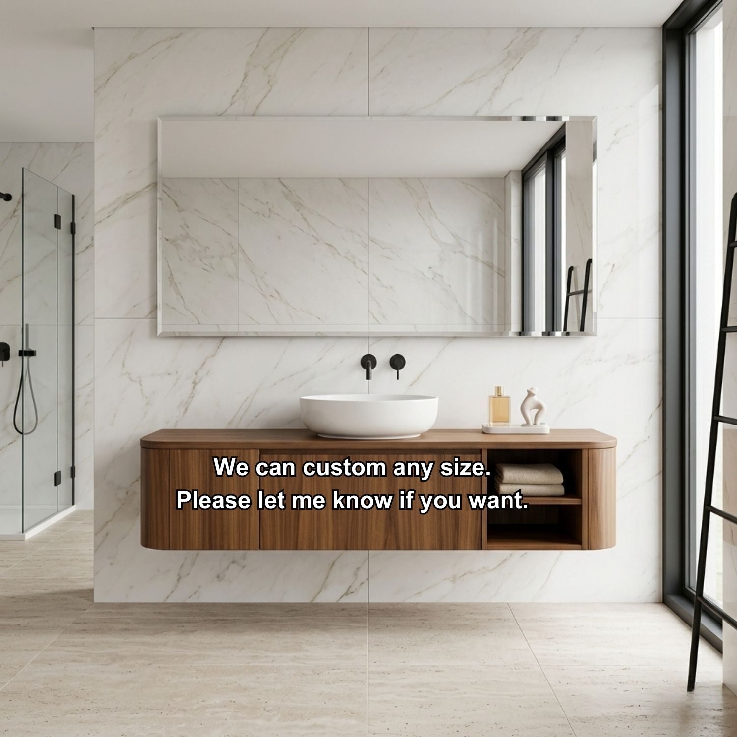 Floating Bathroom Vanity with Rounded Side Panel and Open Shelf Storage Cabinet