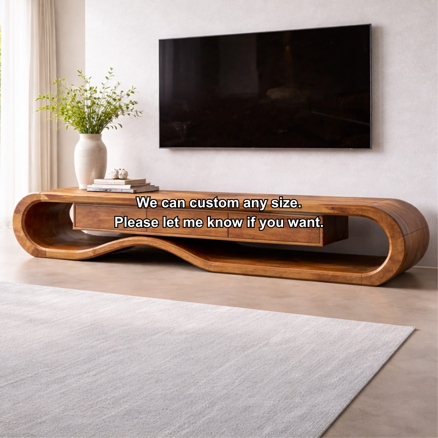 Solid Wood TV Stand with Curved Design and Ample Storage