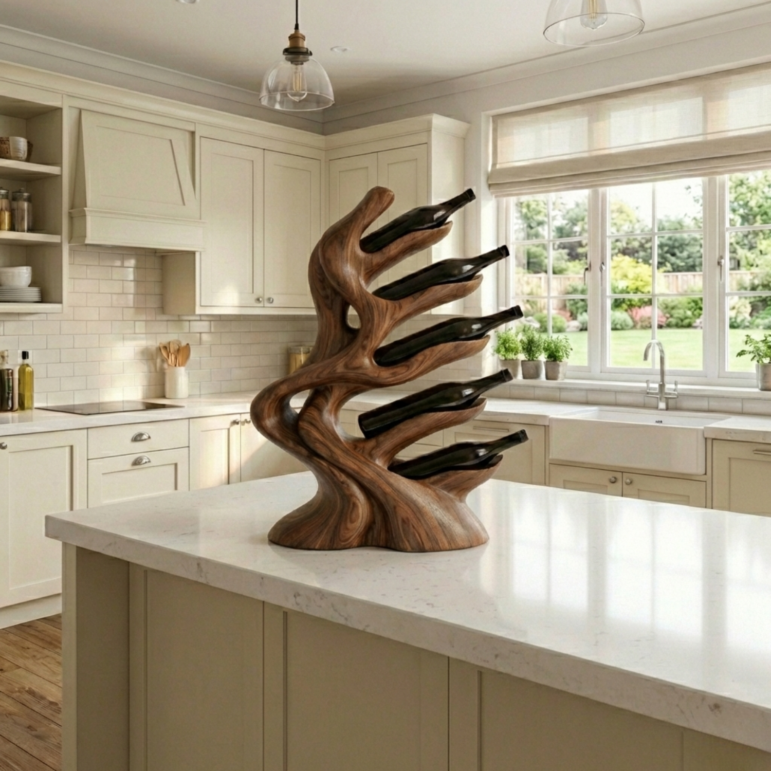 Handcrafted Solid Wood Wine Holder – Modern Sculptural Countertop Wine Rack