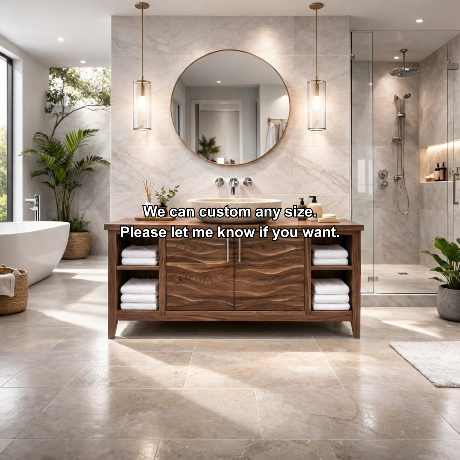 Freestanding Solid Wood Bathroom Vanity with Wave Front and Open Shelf Storage