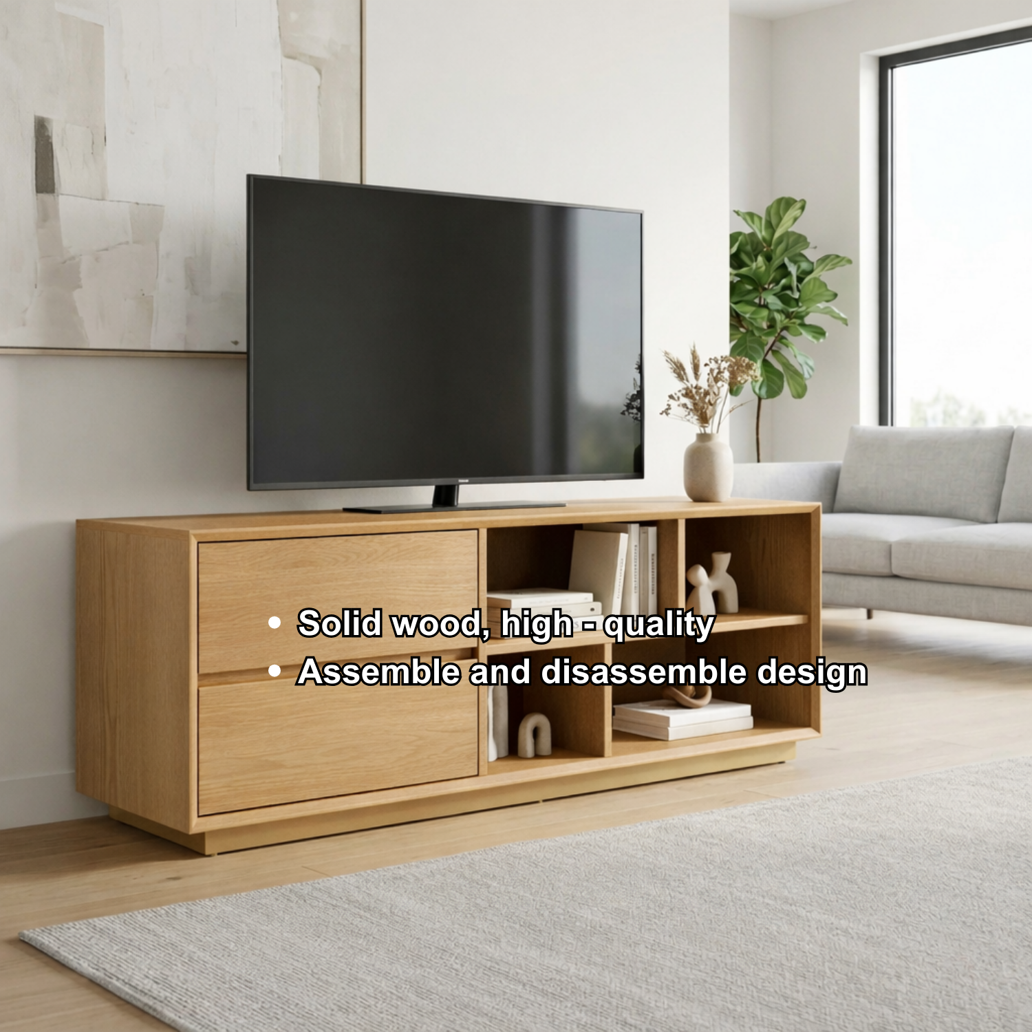Modern Solid Wood TV Stand with Storage Drawers and Open Shelves – Minimalist Media Console
