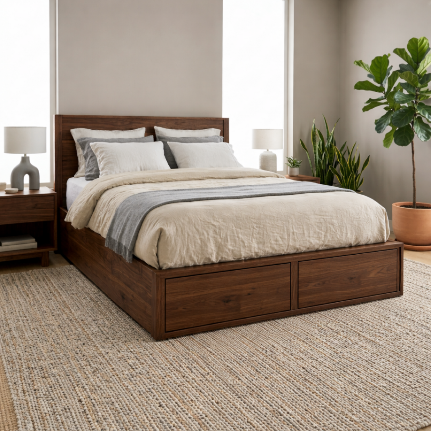 Solid Wood Storage Platform Bed Frame with Built-In Footboard Drawers