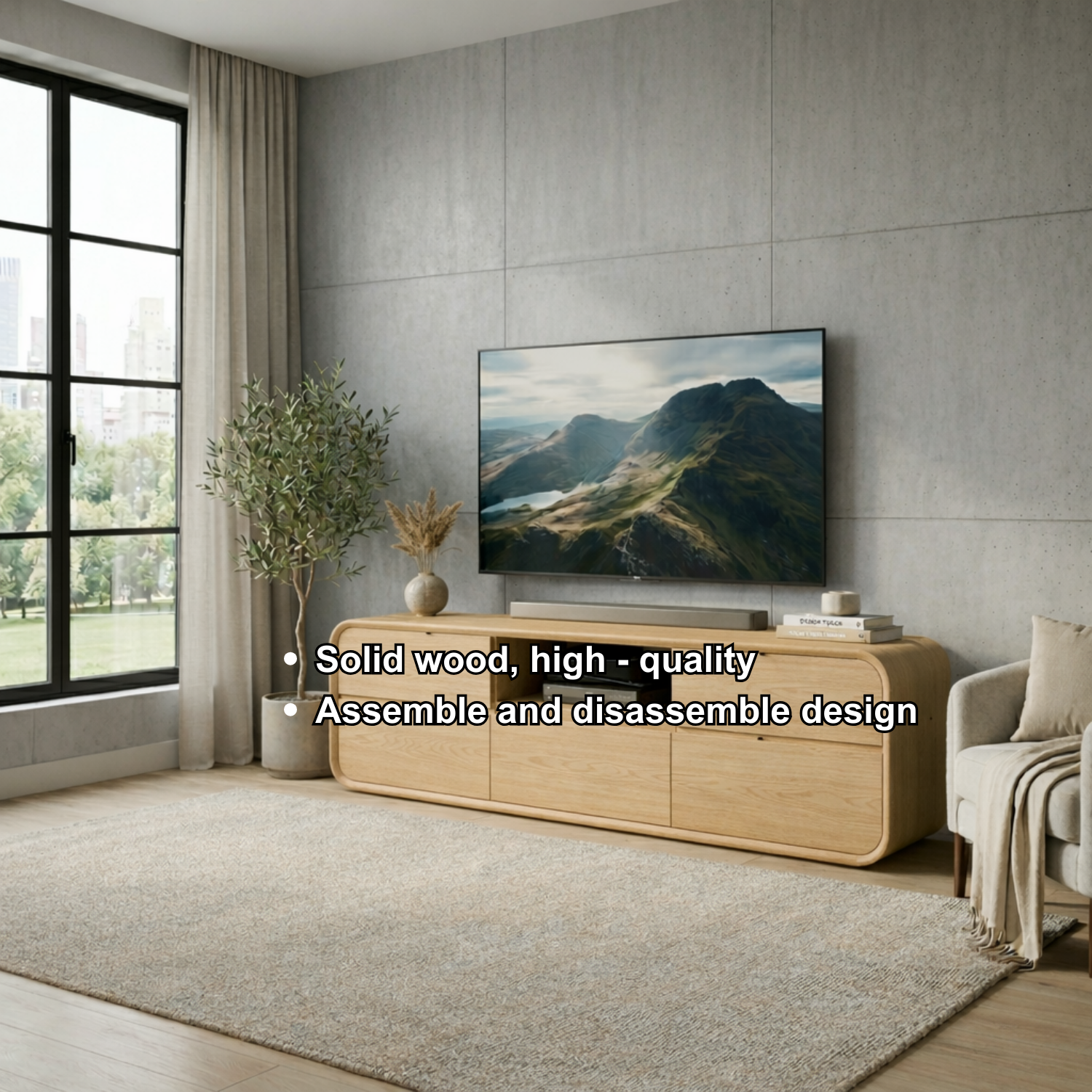 Solid Wood TV Stand with Drawers and Open Shelf – Modern Rounded Media Console