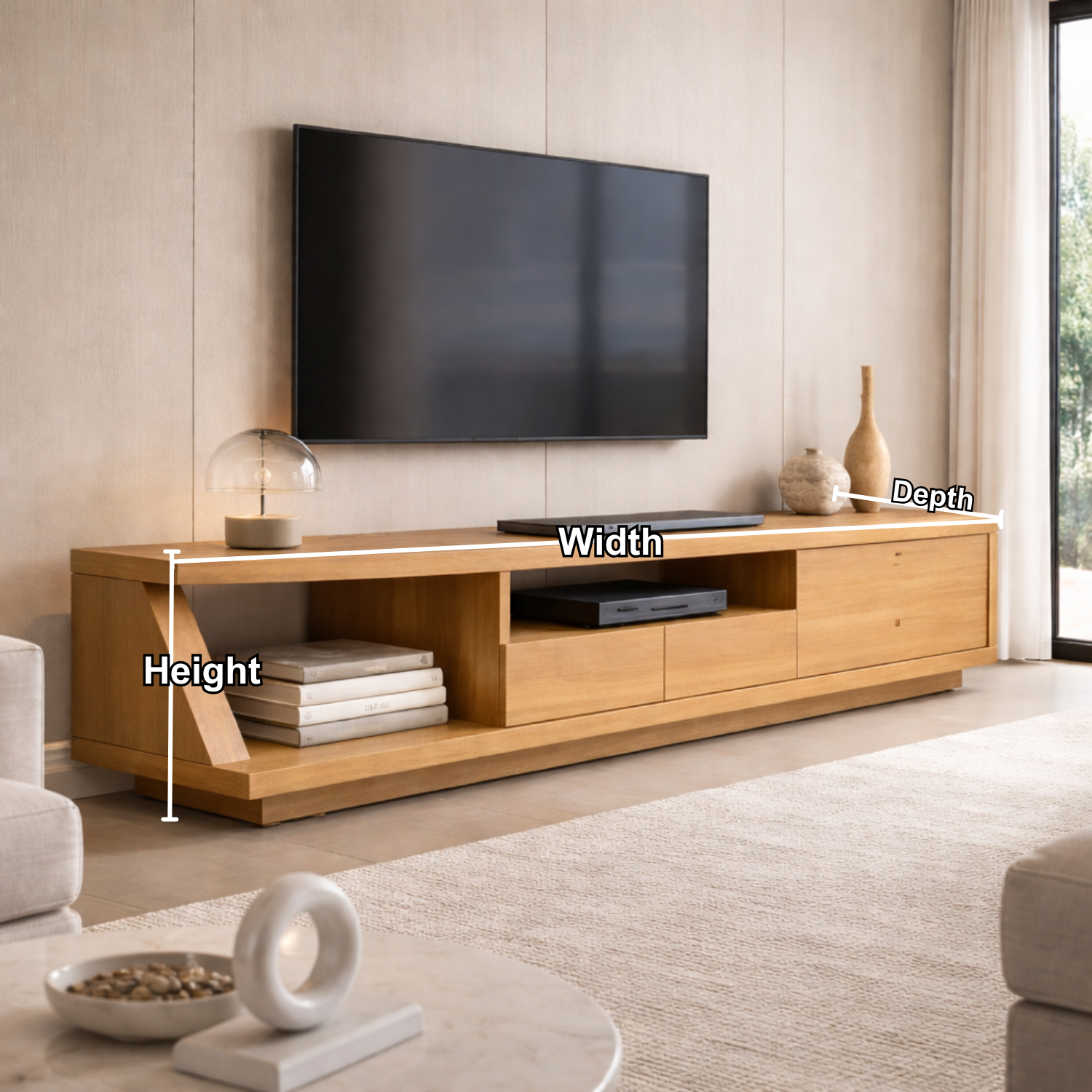 Solid Wood TV Stand with Angled Side Panel and Open Shelf – Modern Long Media Console