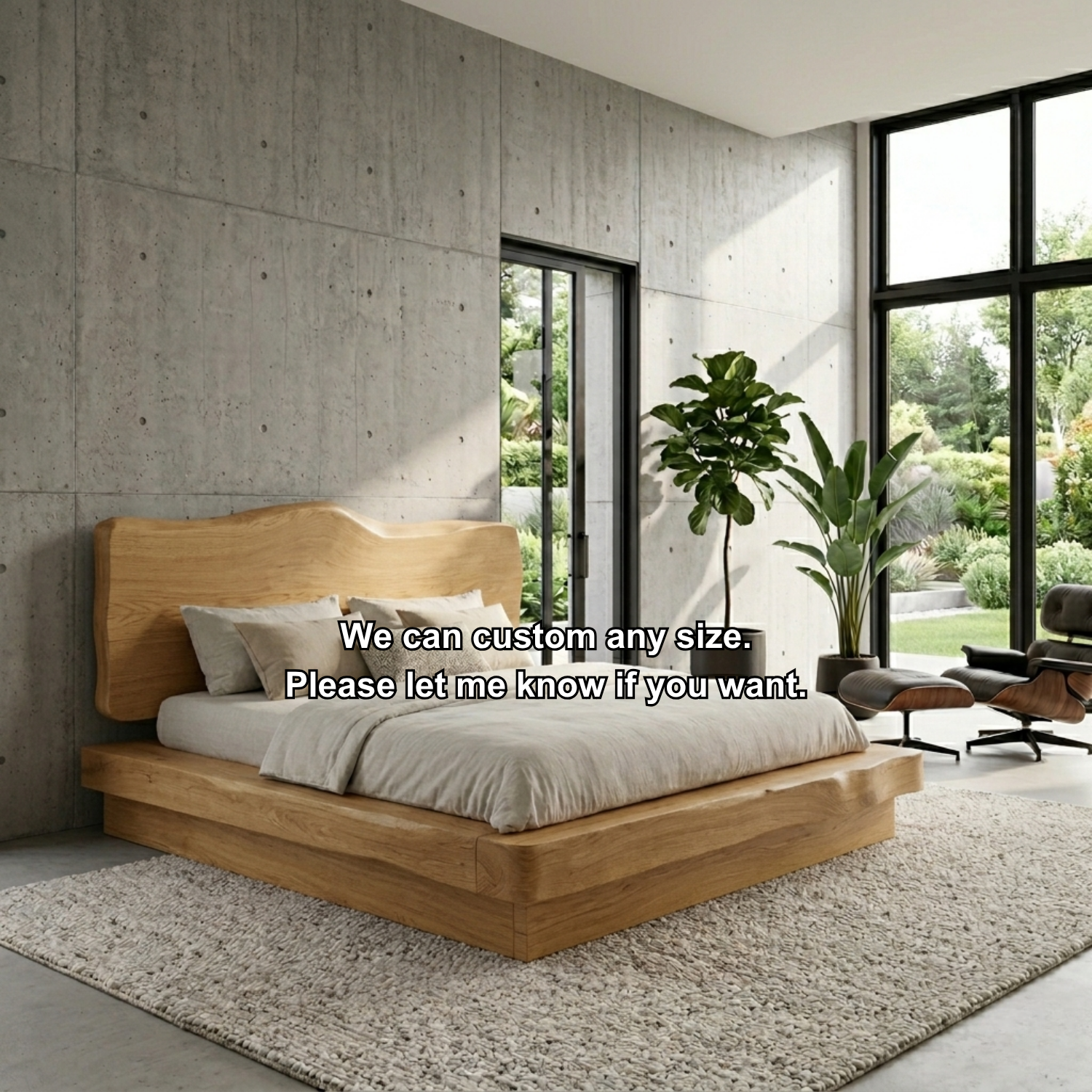 Live Edge Solid Wood Platform Bed Frame with Sculpted Natural Headboard