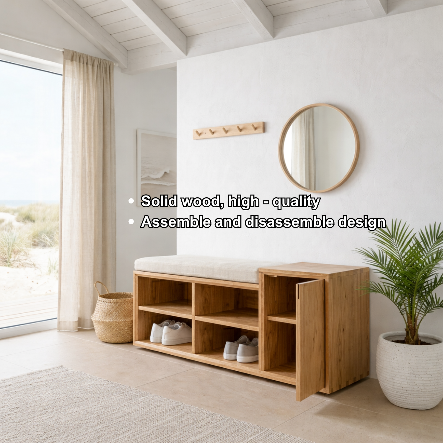 Solid Wood Shoe Storage Bench with Open Shelves & Side Cabinet – Entryway Shoe Bench