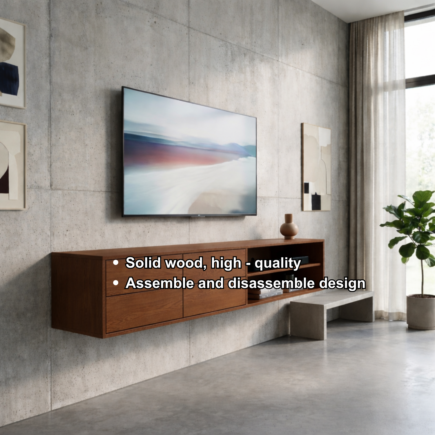 Floating Solid Wood TV Stand with Drawers and Open Shelf – Modern Wall Mounted Media Console