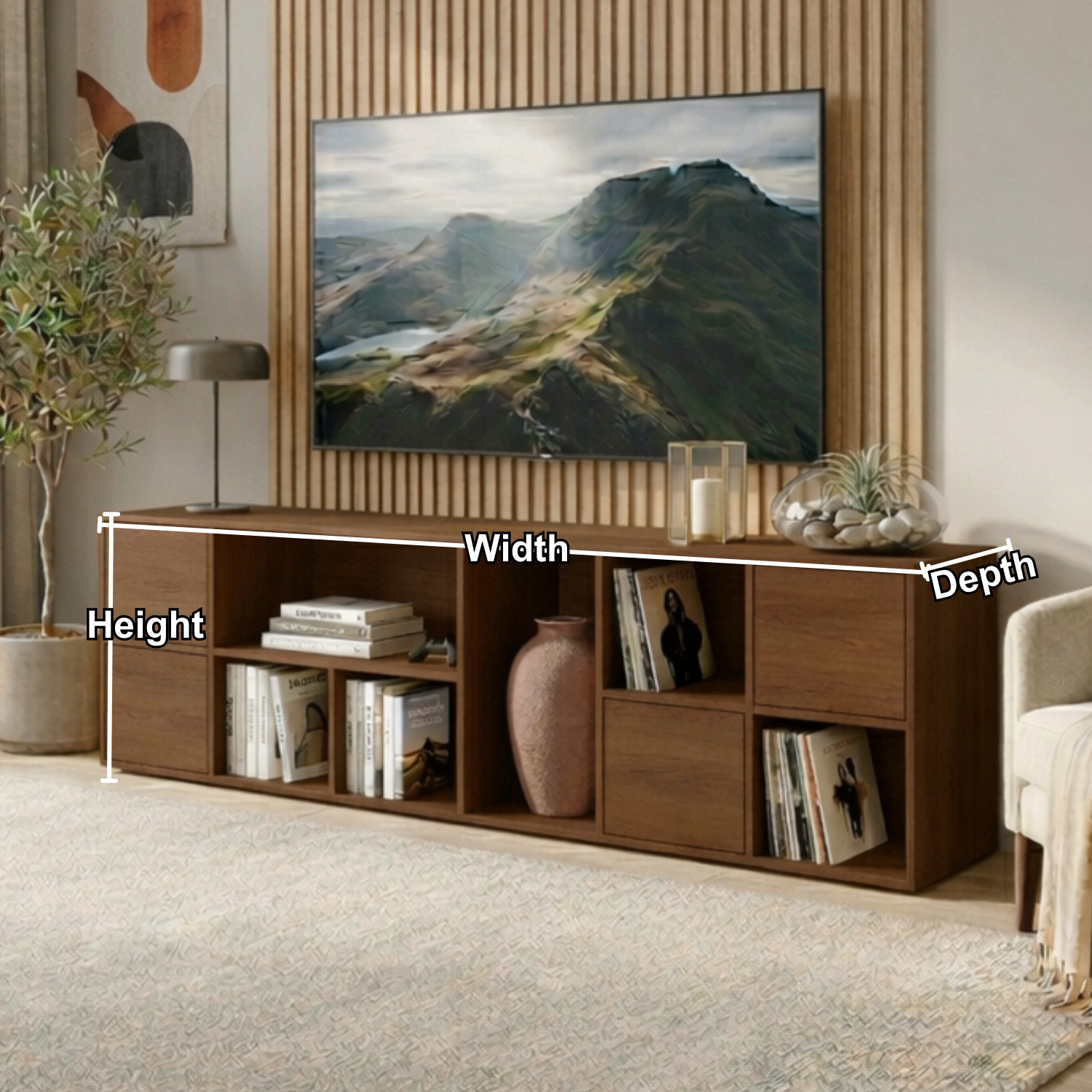 Solid Wood TV Stand with Open Shelves and Drawers – Modern Minimalist Media Console