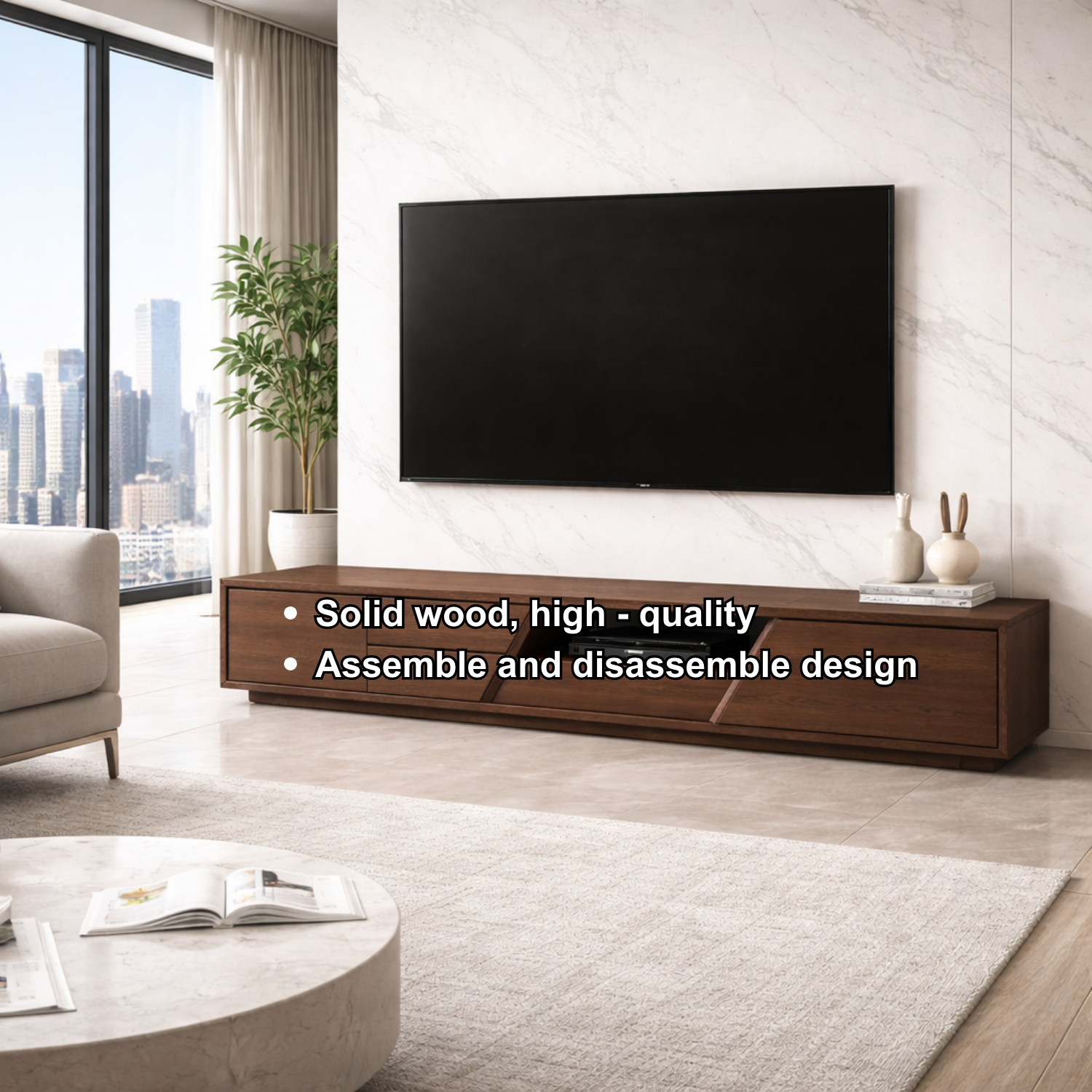 Extra Long Solid Wood TV Stand with Angled Open Shelf – Modern Low Profile Media Console