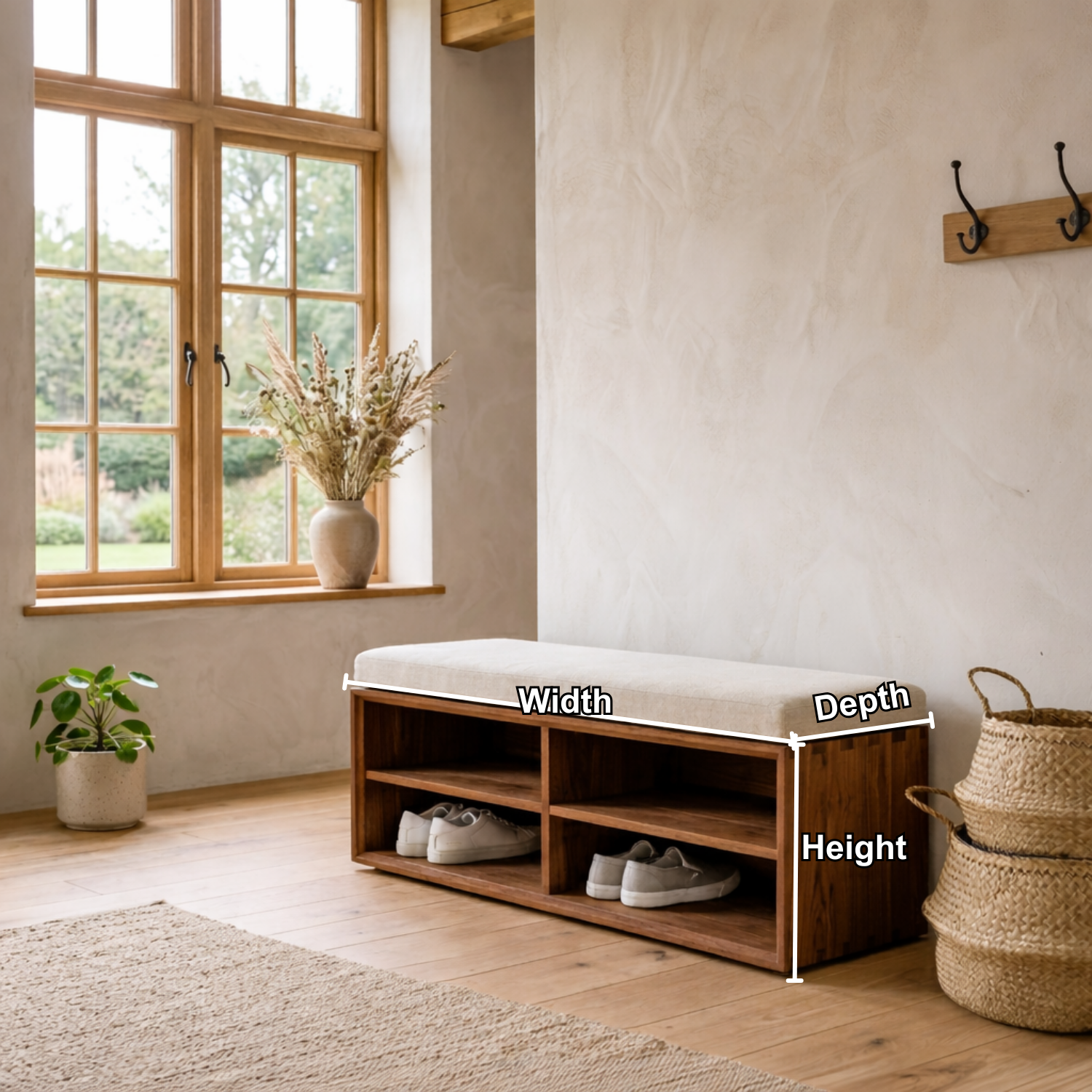 Solid Wood Shoe Storage Bench with Open Shelves – Minimalist Entryway Shoe Bench