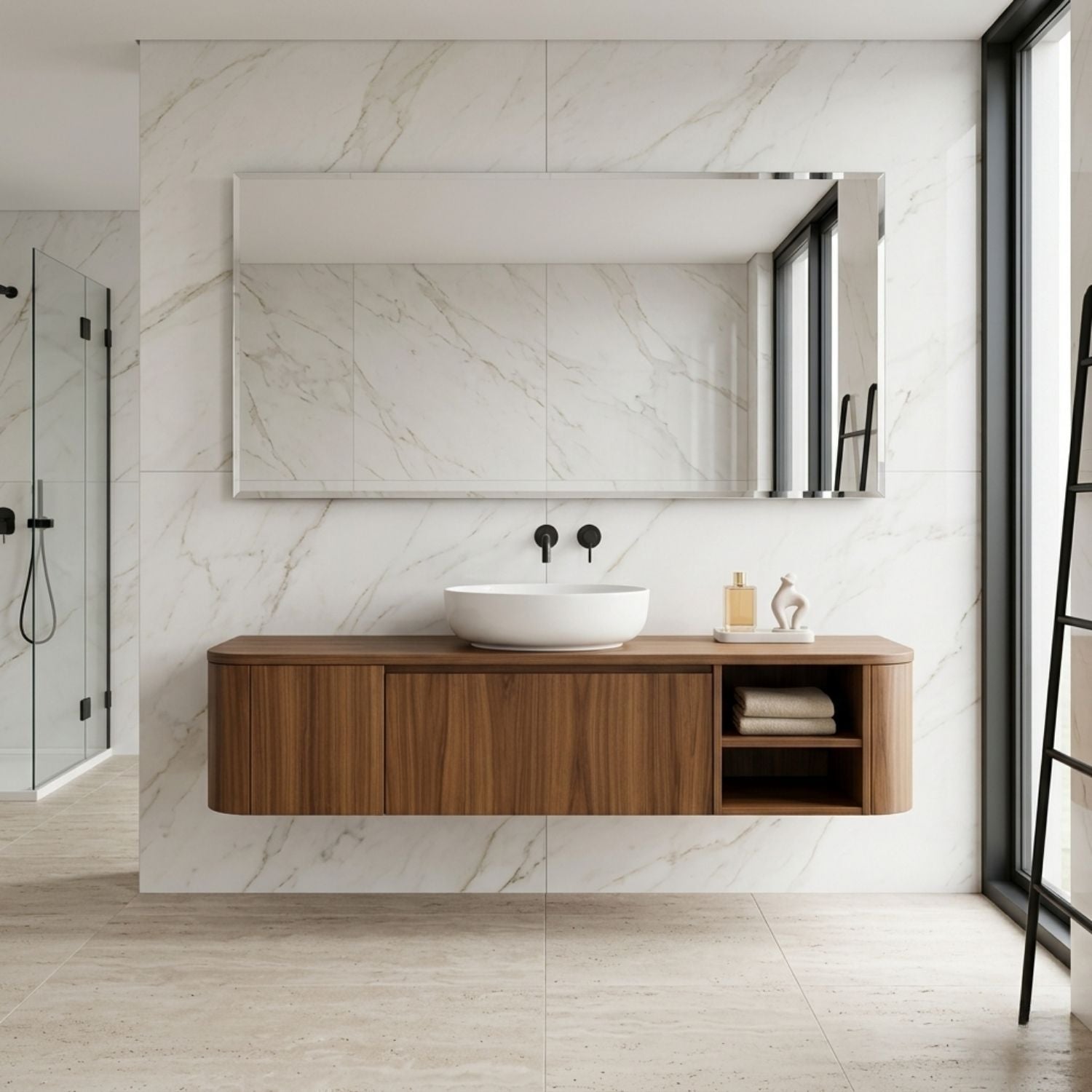Floating Bathroom Vanity with Rounded Side Panel and Open Shelf Storage Cabinet