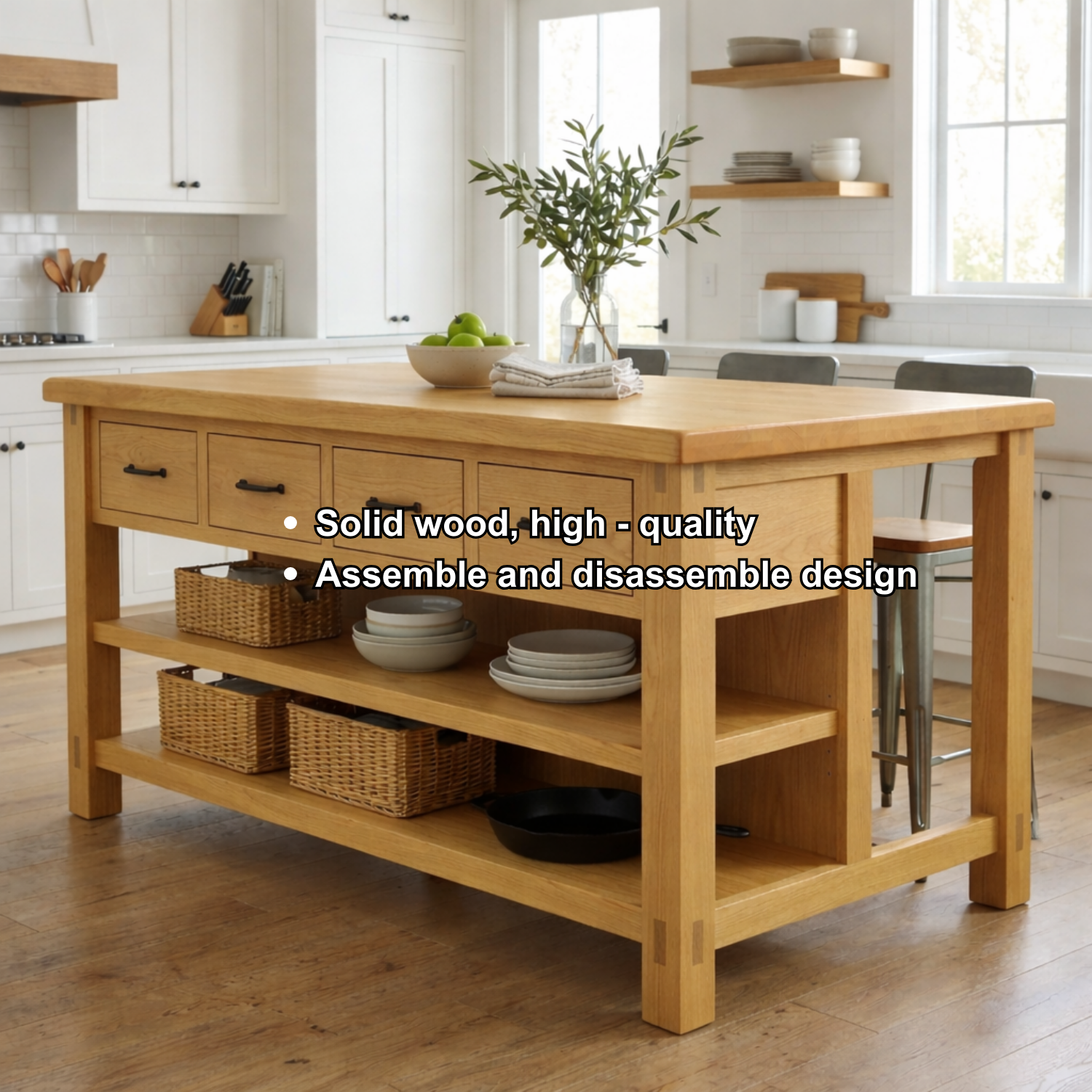 Solid Wood Kitchen Island with Drawers and Open Shelves – Farmhouse Butcher Block Prep Table