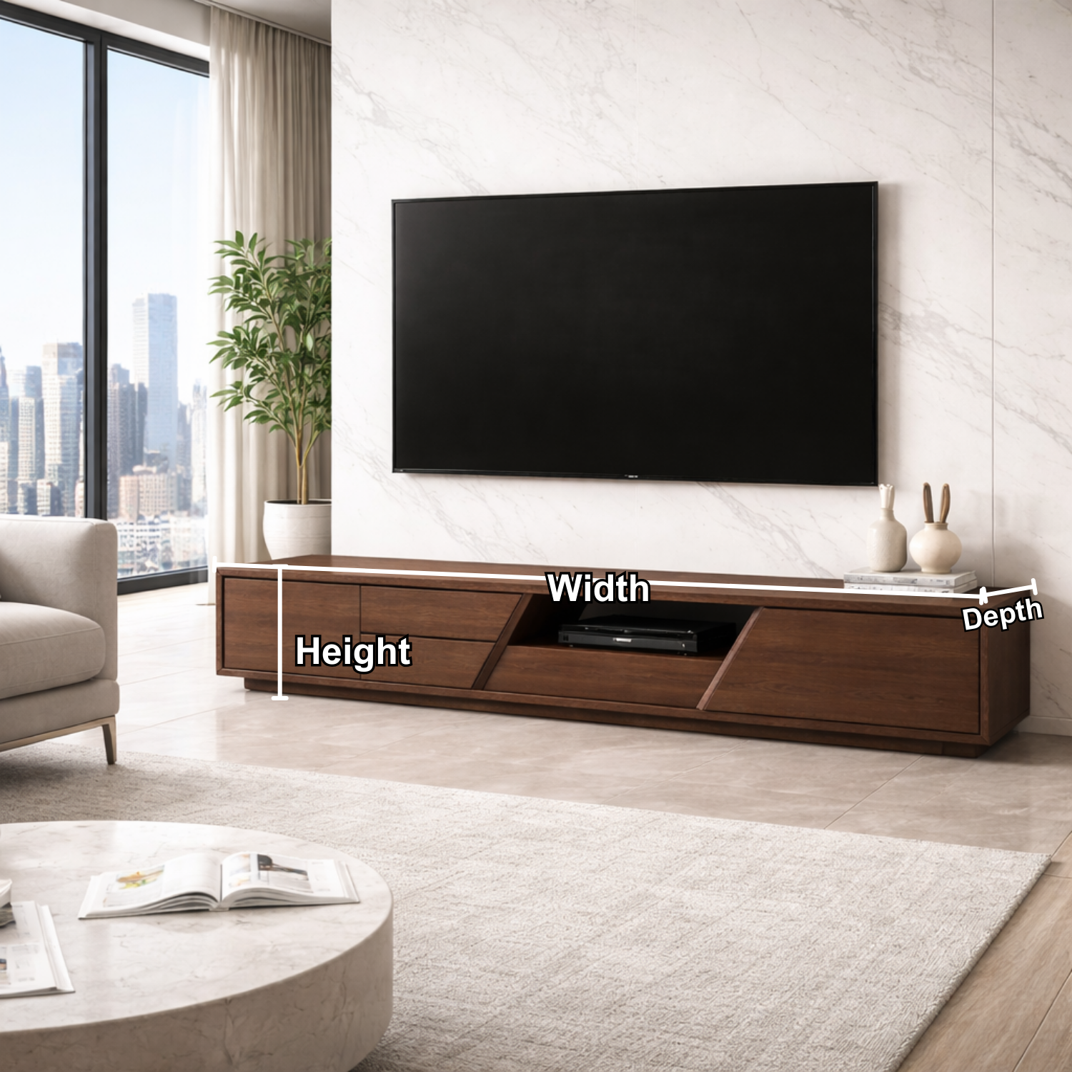 Extra Long Solid Wood TV Stand with Angled Open Shelf – Modern Low Profile Media Console