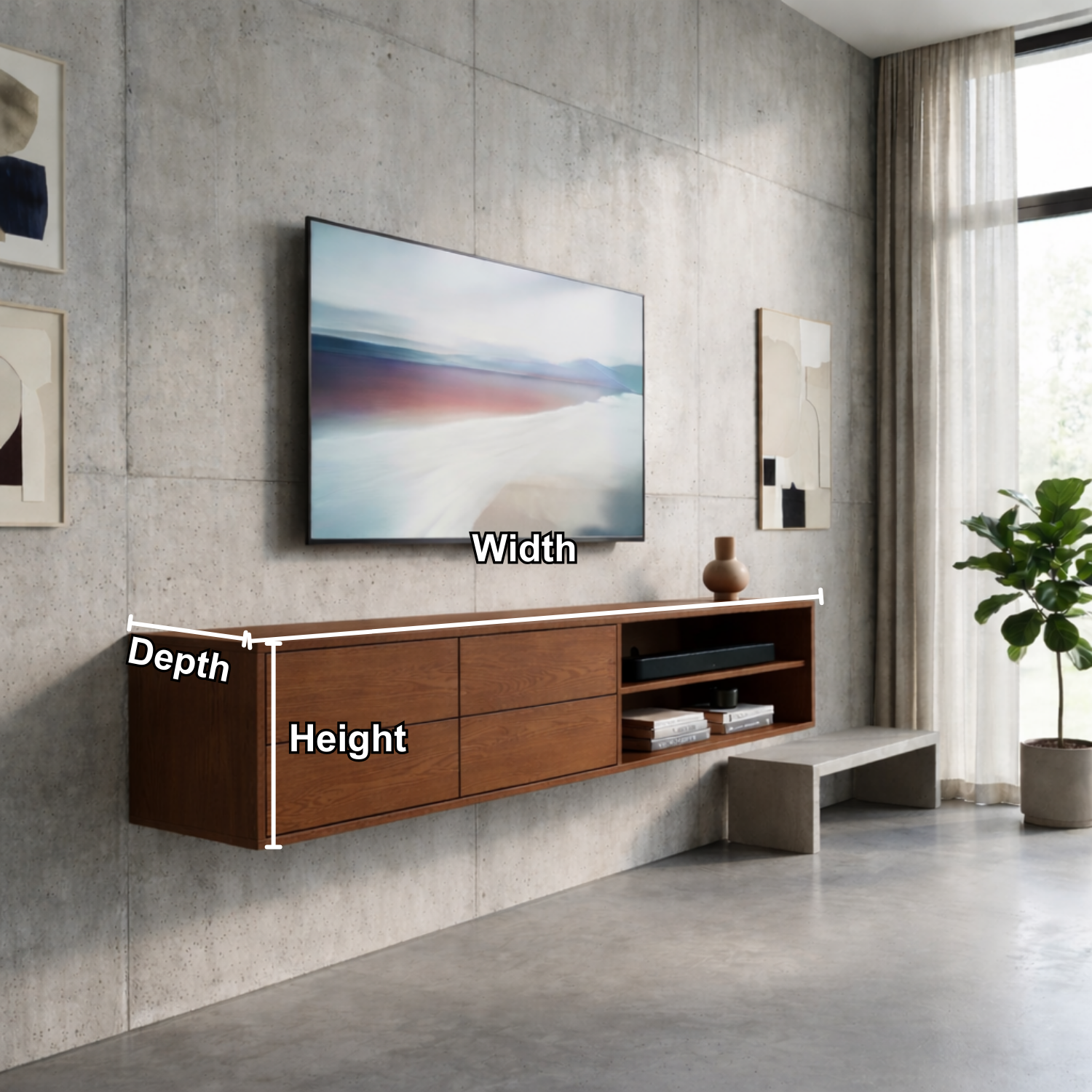 Floating Solid Wood TV Stand with Drawers and Open Shelf – Modern Wall Mounted Media Console