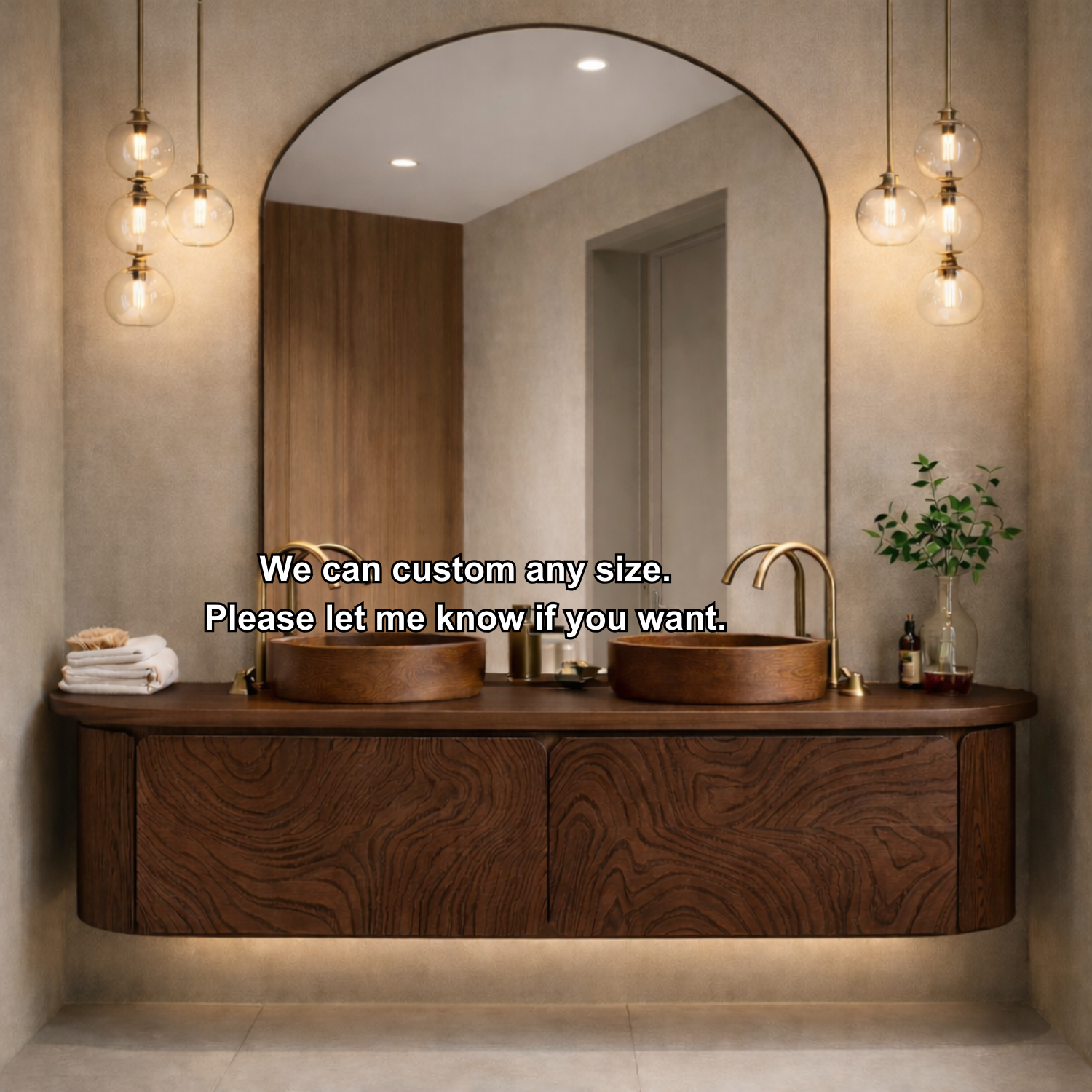 Floating Bathroom Vanity with Carved Wood Front and Rounded Edge Cabinet Design